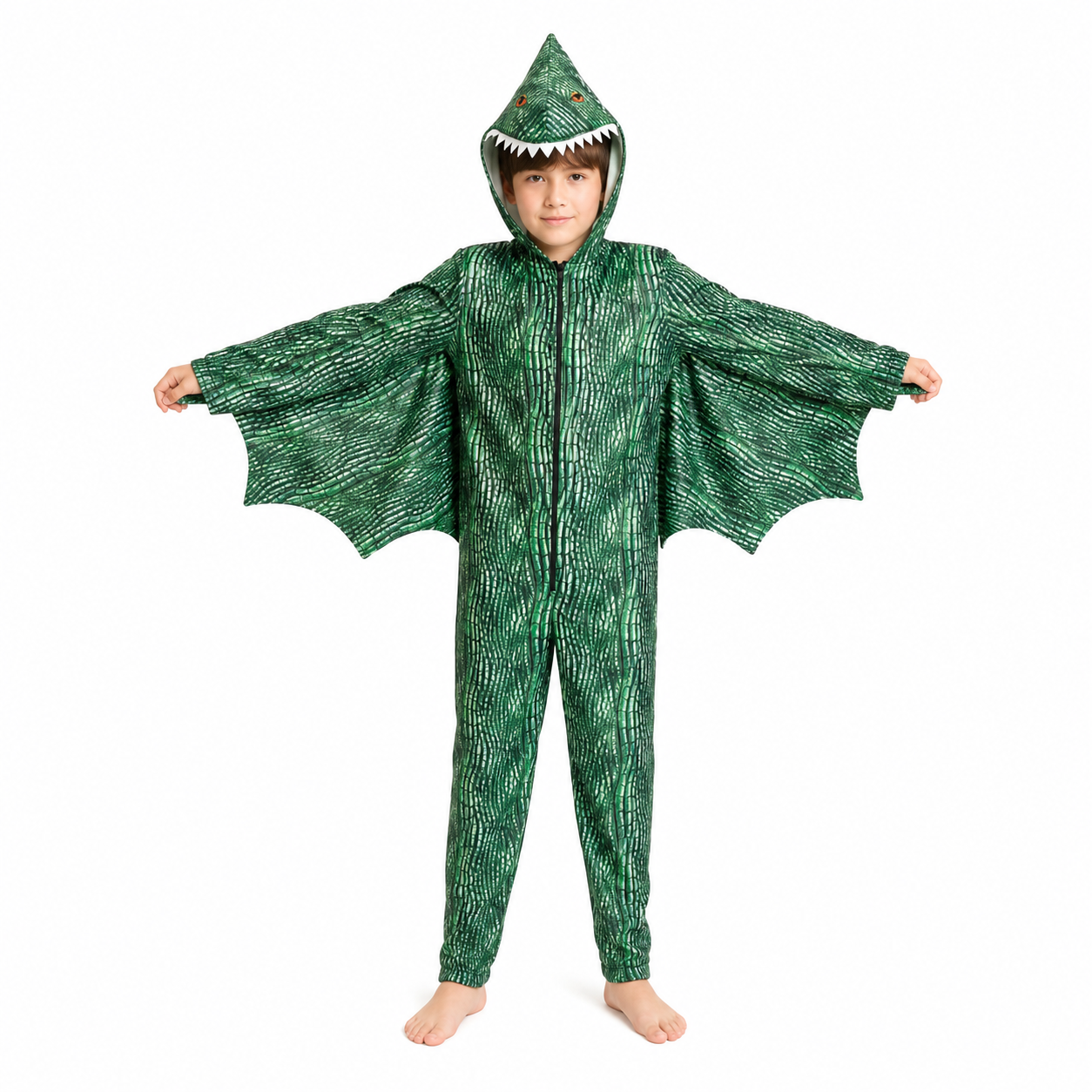 Kidsβ Green Dragon Costume β Hooded Jumpsuit with Wings