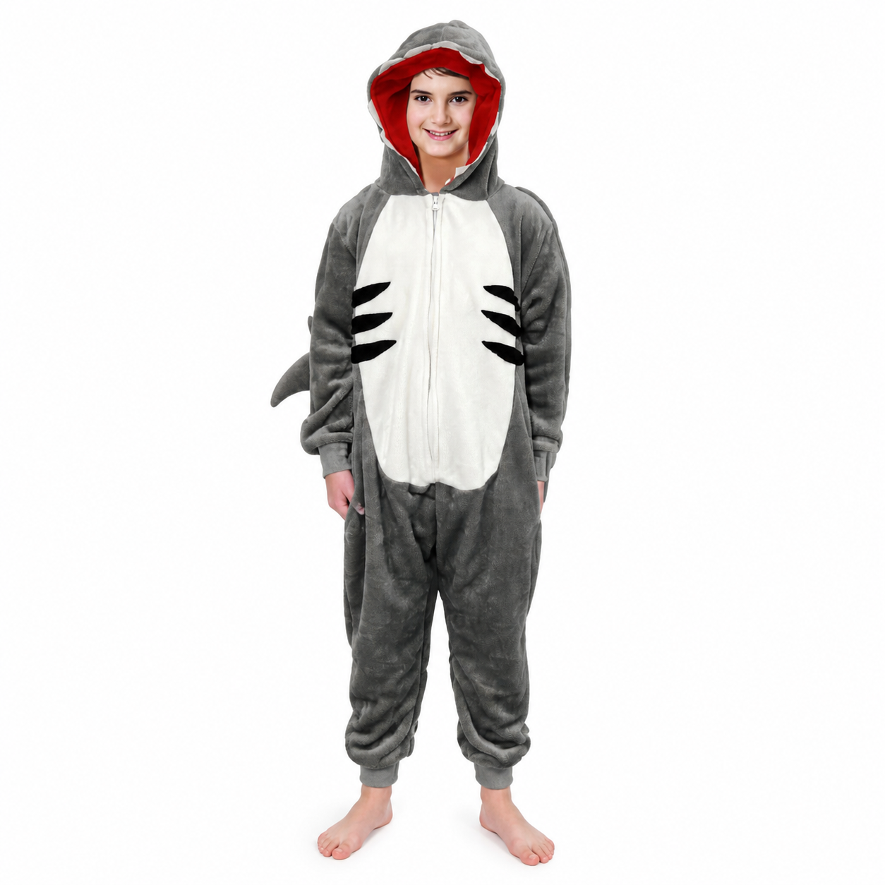 Kids’ Shark Onesie Costume – Hooded Jumpsuit with Fin & Tail white background product image
