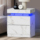 White Marble Effect Bedside Table with 2 Drawers and LED Nightstand