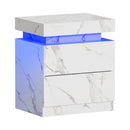 White Marble Effect Bedside Table with 2 Drawers and LED Nightstand