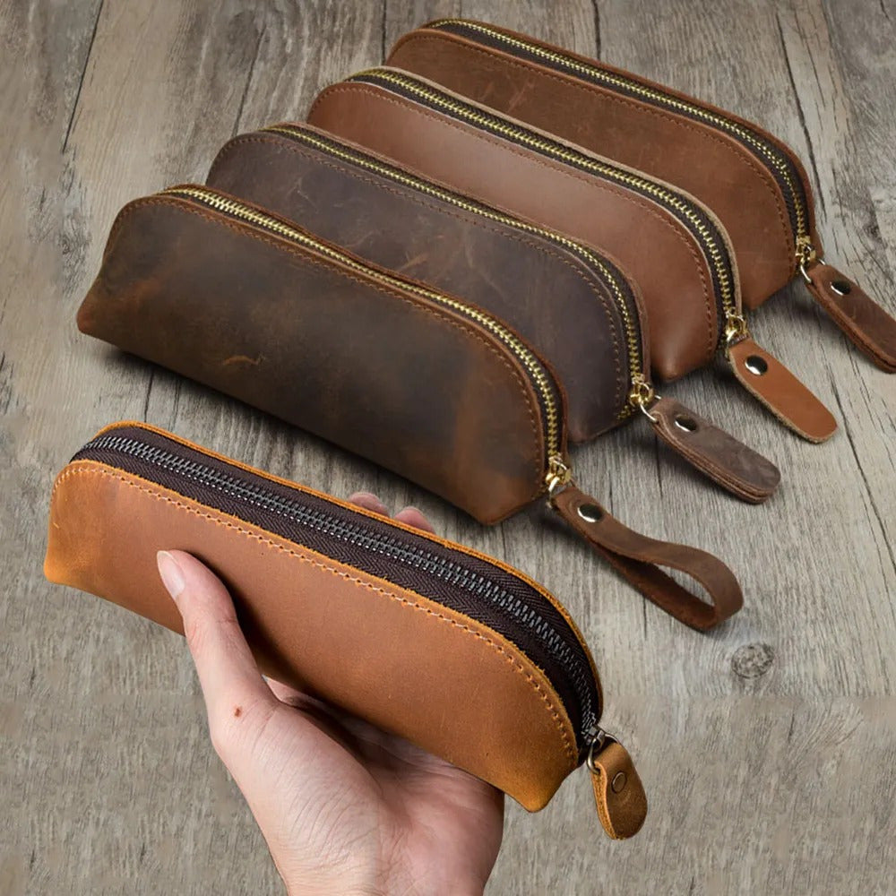 Vintage Leather Pencil Bag Zipper Pencil Pouch