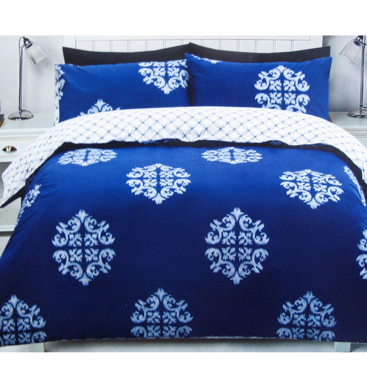 225TC Geo Damask Cotton Rich Easy Care Quilt Cover Set Queen - NuSea