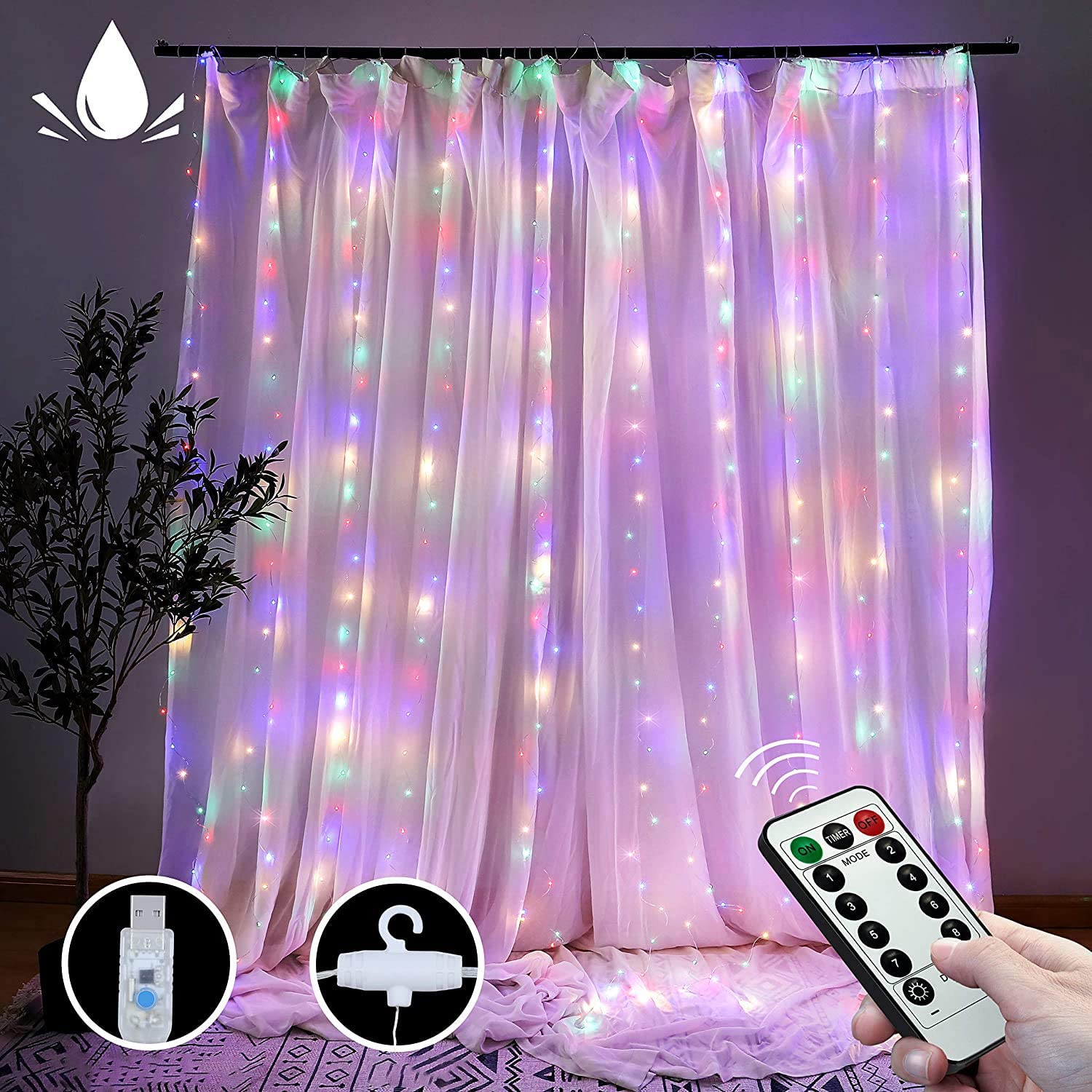 300 LEDs Window Curtain Fairy Lights 8 Modes and Remote Control for Bedroom (Multicolor, 300 x 300cm) - NuSea