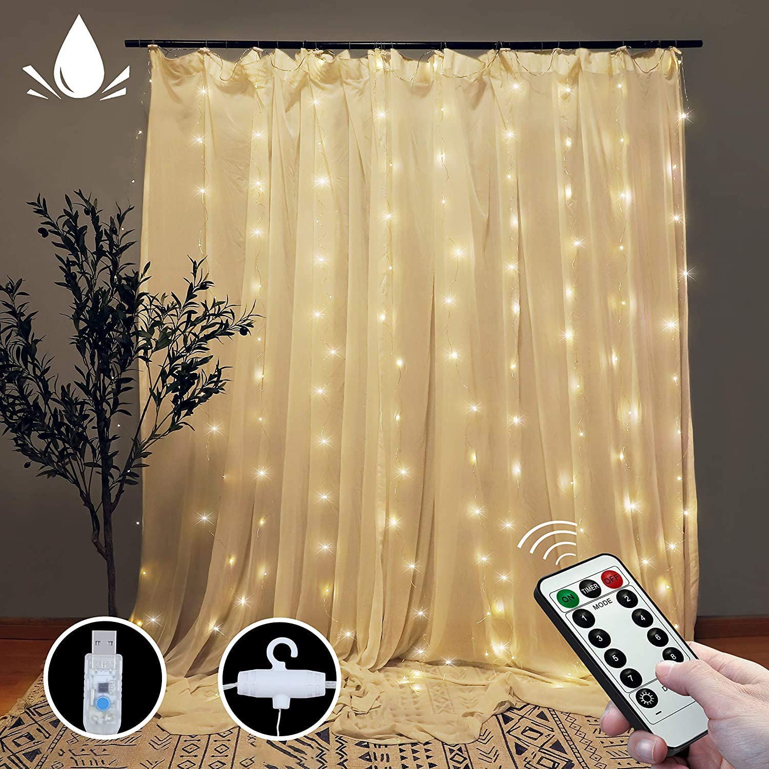 300 LEDs Window Curtain Fairy Lights 8 Modes and Remote Control for Bedroom (Warm White, 300 x 300cm) - NuSea