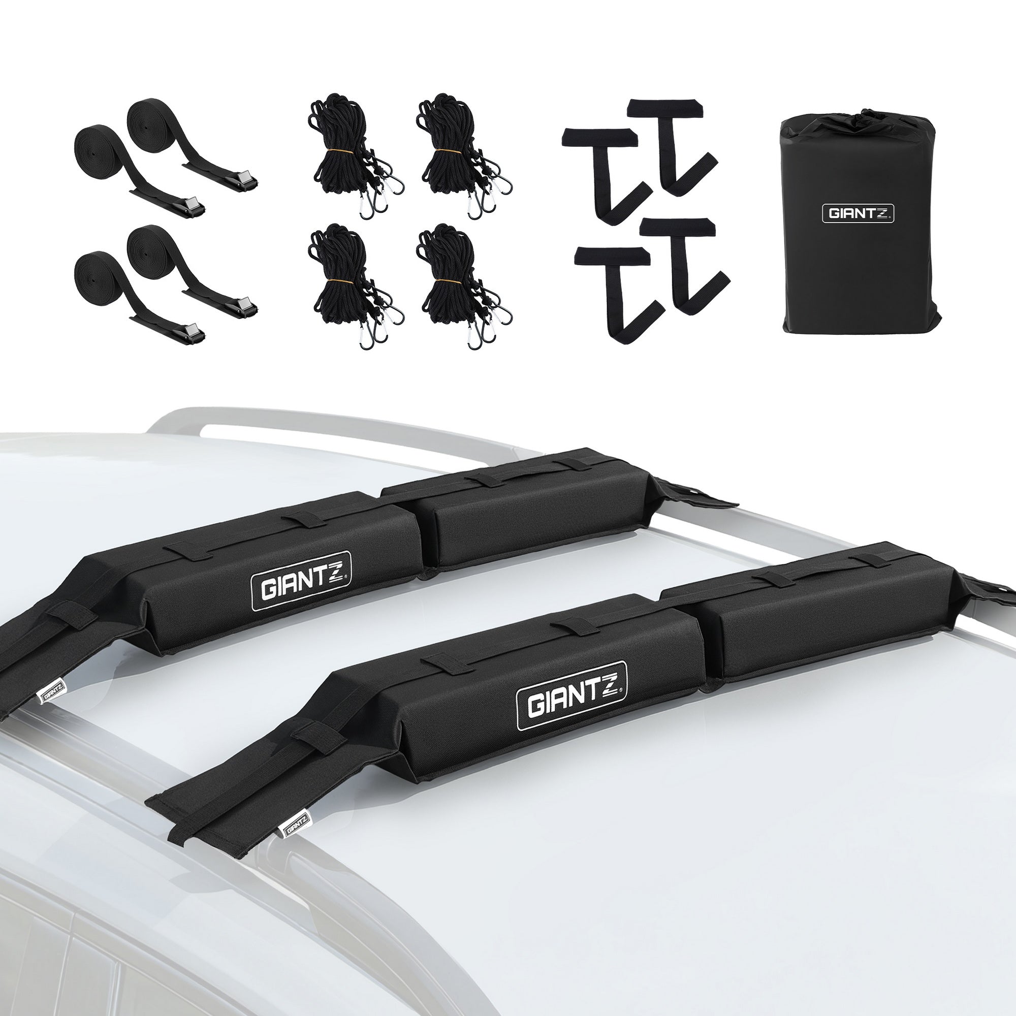 GIANTZ Kayak Roof Rack for Car, Universal Soft Roof Rack Pads for Surfboard SUP Canoe, Roof Bars for SUV Sedan without Side Rails, Portable Cross Bars with 4.5m Tie Down Straps & Ropes, 80kg Capacity