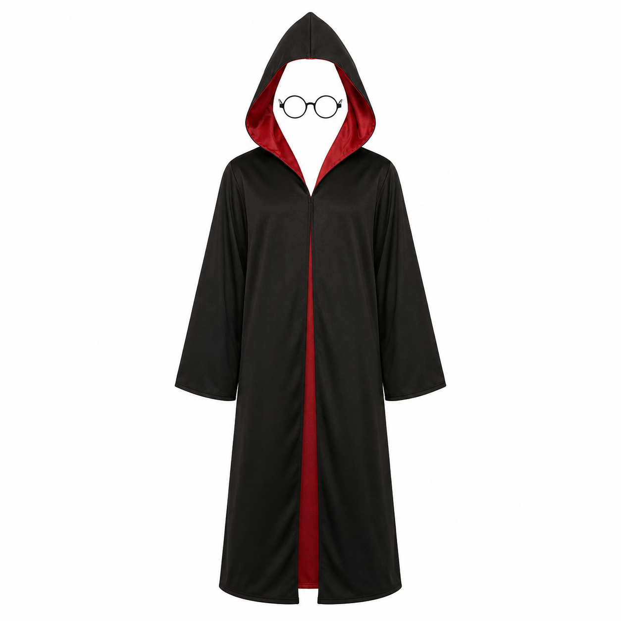 Childrenβs Wizard Robe and Glasses Set β Black Hooded Costume with Red Lining, Size 10β12 Years