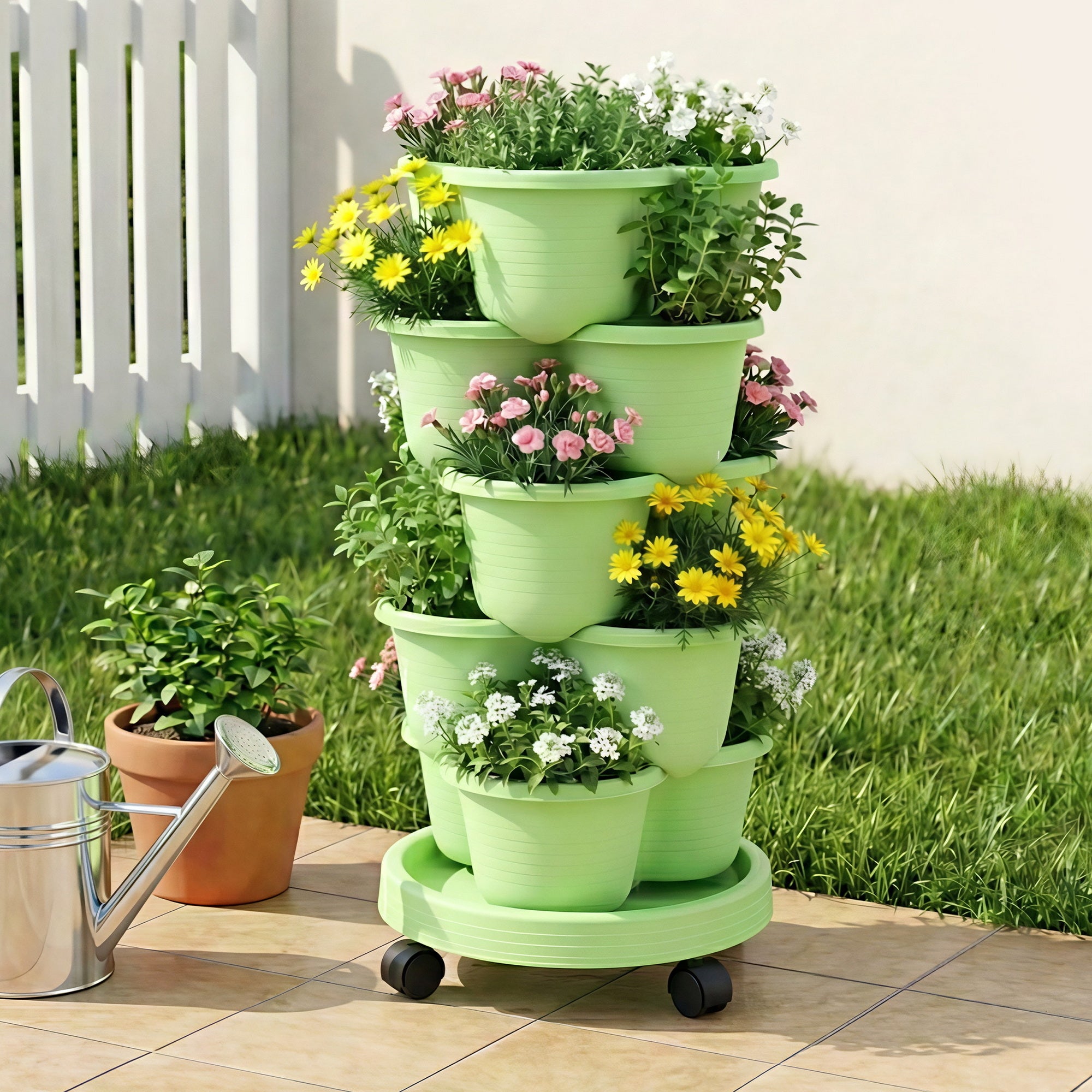 Green Fingers 5 Tier Vertical Garden Planter, Stackable Planters with Wheels, Light Green, Garden Bed, Garden Tower Indoor Outdoor, Auto Drainage System, for Strawberries, Herbs, Flowers, Vegetables