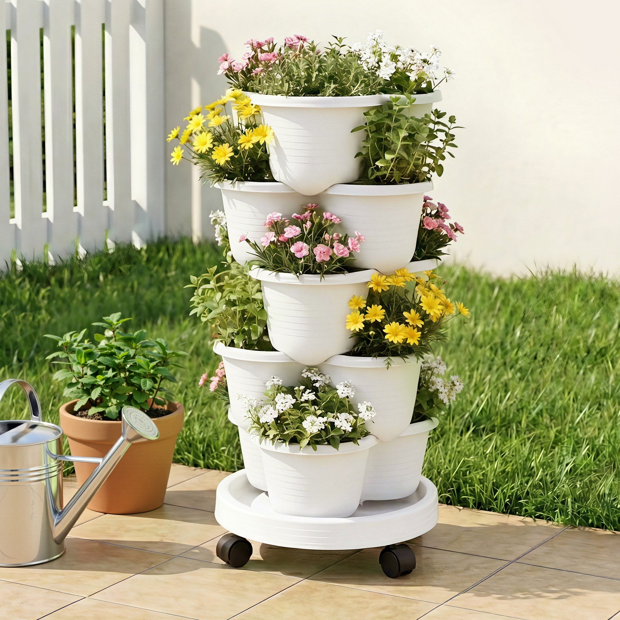 Green Fingers 5 Tier Vertical Garden Planter, Stackable Planters with Wheels, White, Garden Bed, Garden Tower Indoor Outdoor, Auto Drainage System, for Strawberries, Herbs, Flowers, Vegetables
