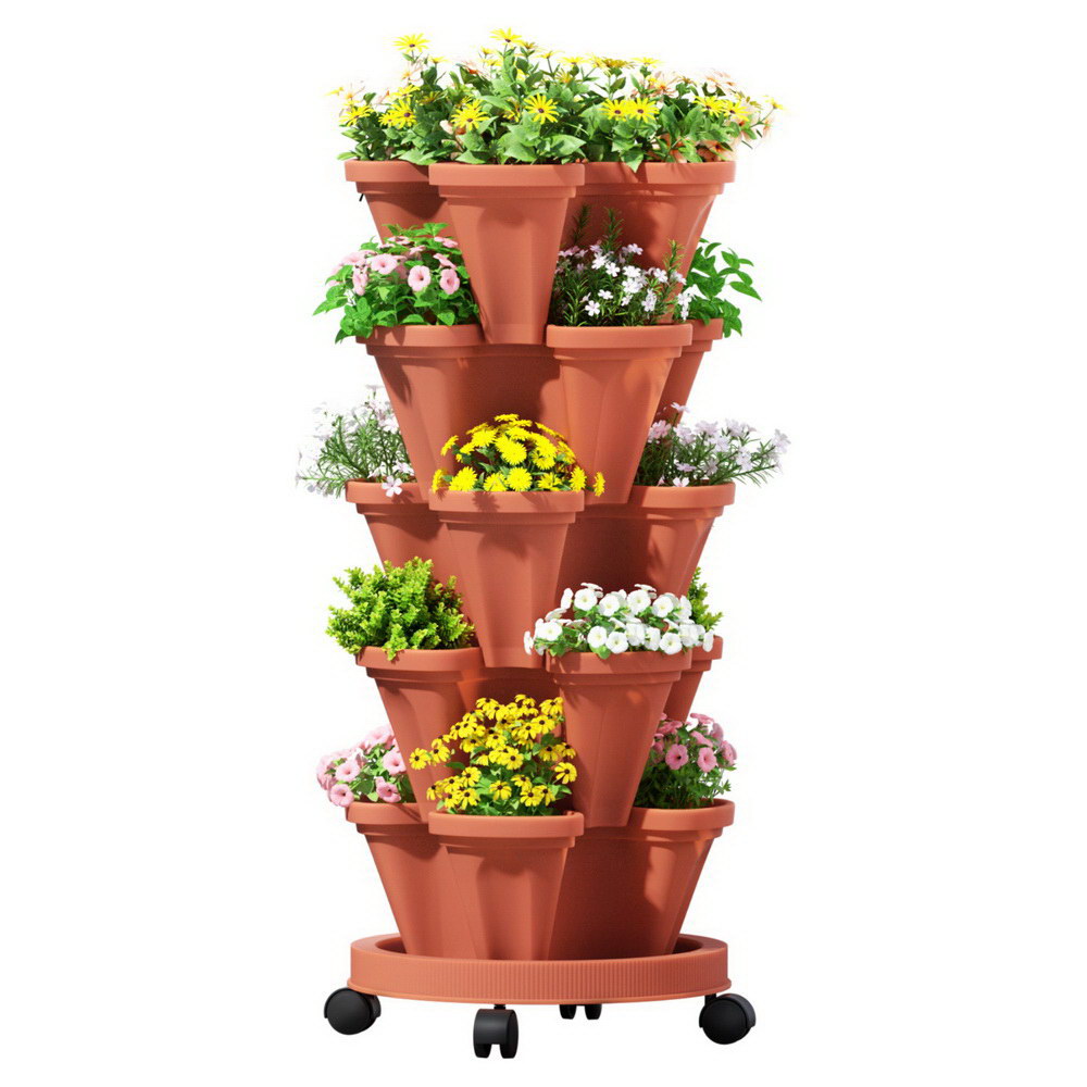 Green Fingers Raised Garden Bed 5 Tier Vertical Garden Brick Red Strawberry Stackable Planters Herbs Petunias