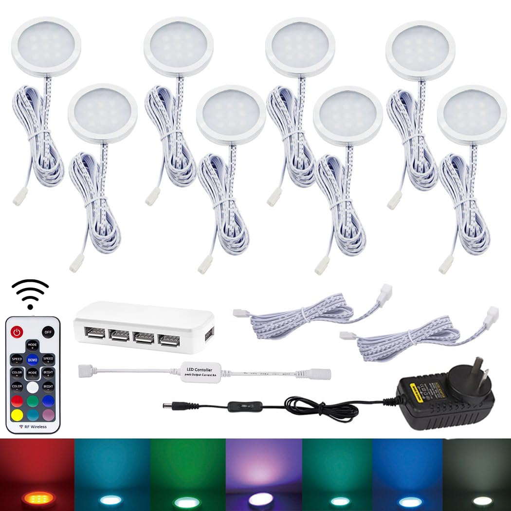 RGB Color Changing LED Under Cabinet Lighting Kit,Aluminum Slim Cabinet LED Puck Lights for Kitchen Counter Wardrobe Counter Furniture Shelf Ambiance Christmas Xmas Decoration Lighting (8)