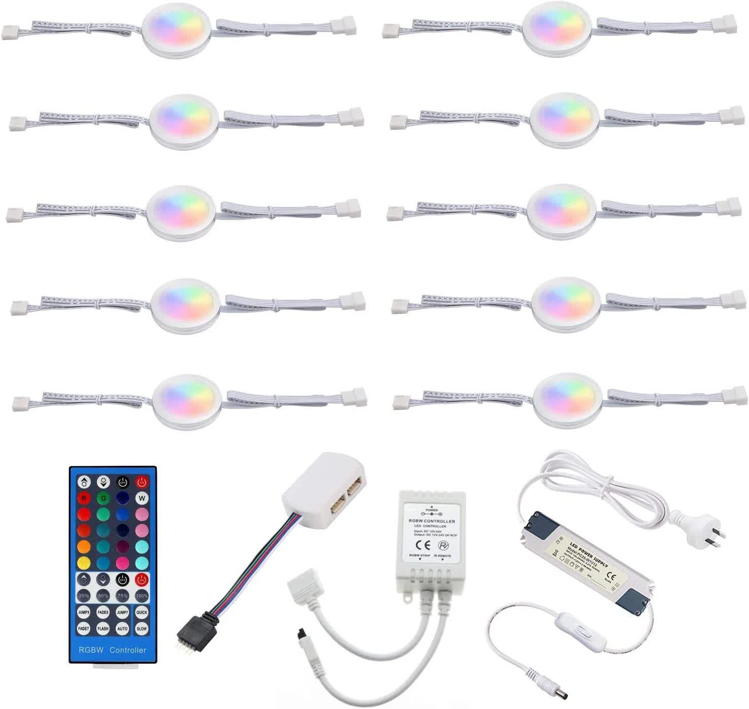 Under Counter LED Light Kit, RGBWW Under Cabinet Lighting, 10 Packs Colored Cabinet Lights with Wireless 40-Key IR Dimmable Remote Control (10 Lights)