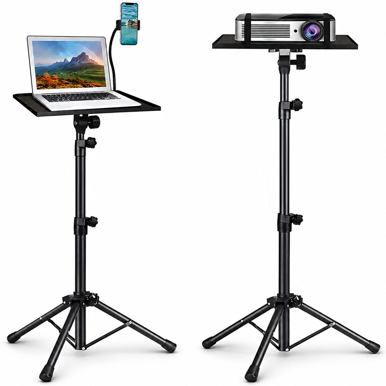 Adjustable Projector Stand with 360Β° Phone Holder, 57β125cm Folding Tripod Floor Stand for Laptop, Tablet & Projector