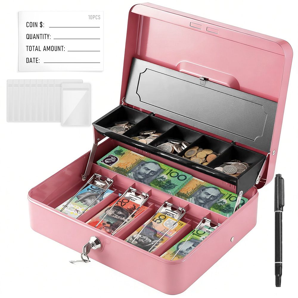 Lockable Cash Box with Coin Tray β Durable Metal Money Box with Key Lock for Bills & Change-PINK