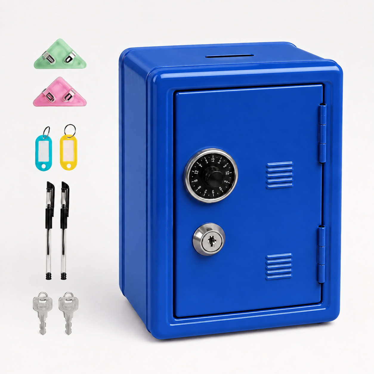 Lockable Metal Money Box, Cash & Coin Storage Box with Key Lock, Compact Piggy Bank for Kids & Adults, Office & Small Valuables-Blue