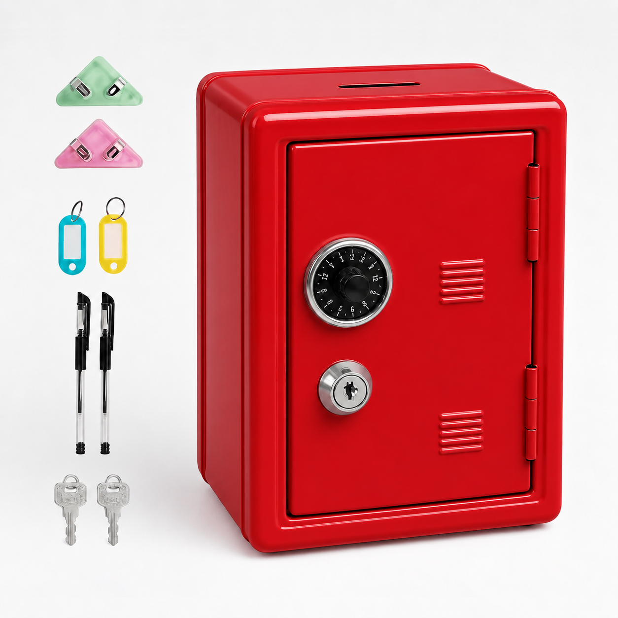 Lockable Metal Money Box, Cash & Coin Storage Box with Key Lock, Compact Piggy Bank for Kids & Adults, Office & Small Valuables-Red