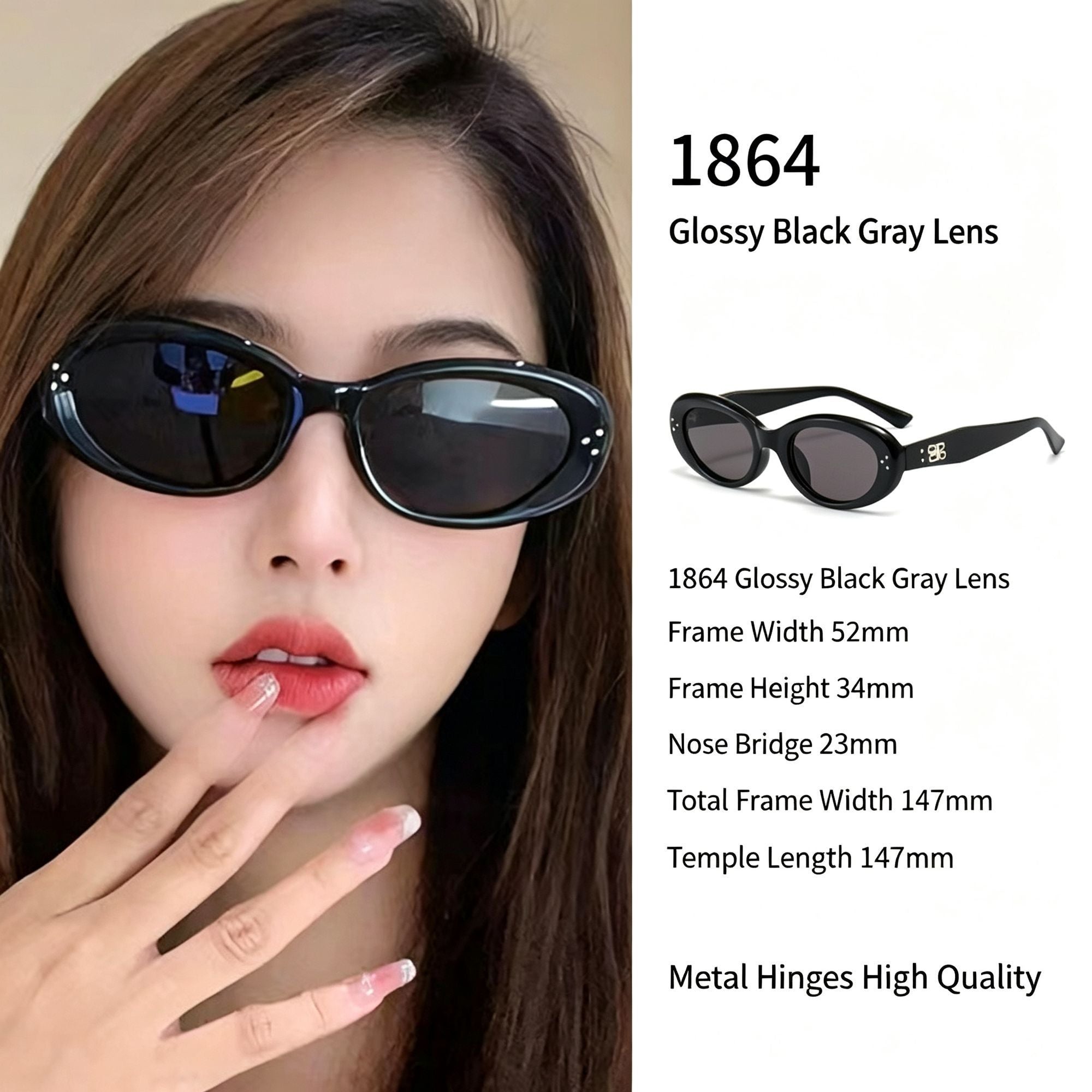 Glossy Jet Black Frame Grey Lens Cat Eye Sunglasses UV400 Blocking, Sleek Edgy Streetwear Vibe, Great Christmas Present