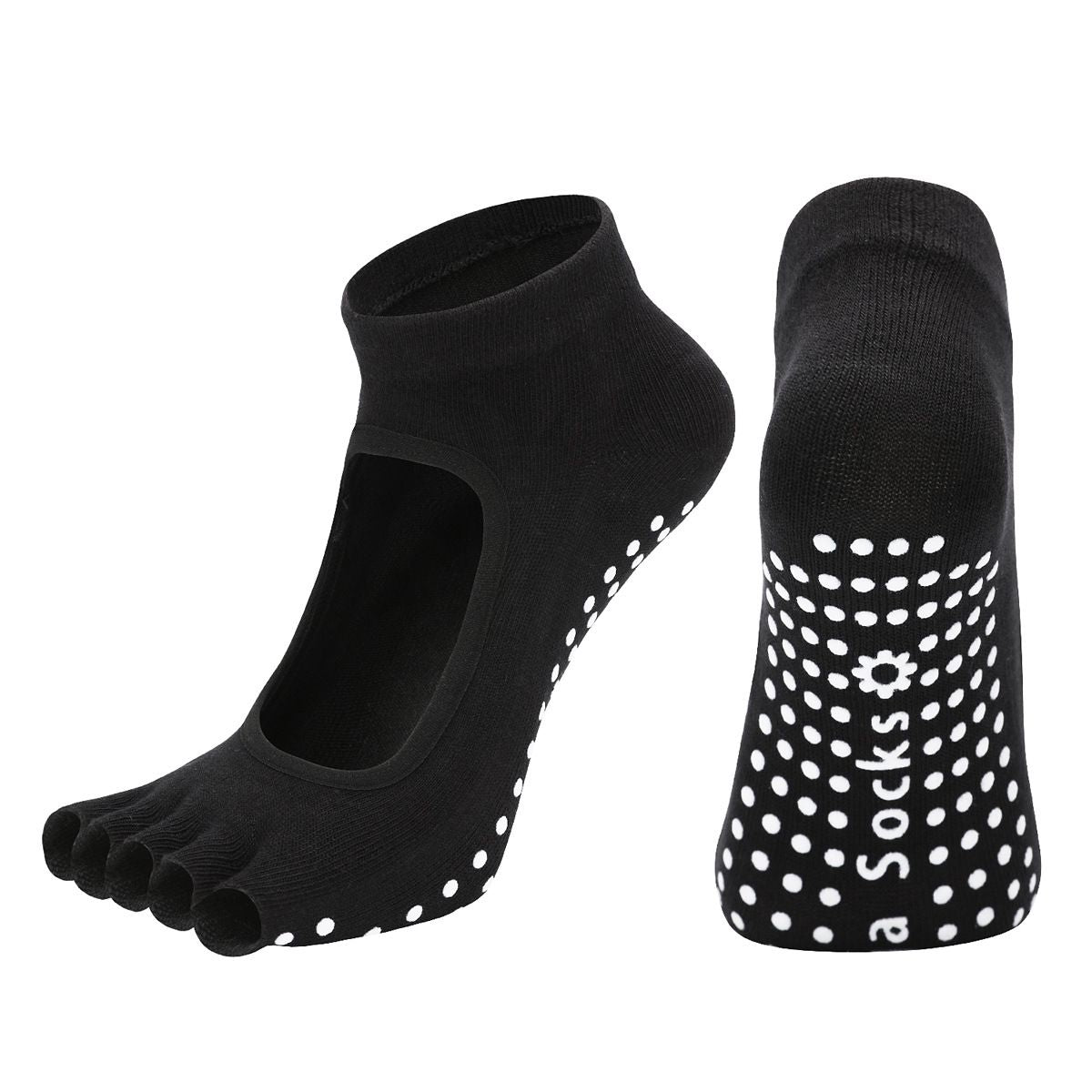 Women's Non Slip Yoga Socks Open Toe Five Finger Grip Socks Combed Cotton Pilates Dance Fitness Socks - Black