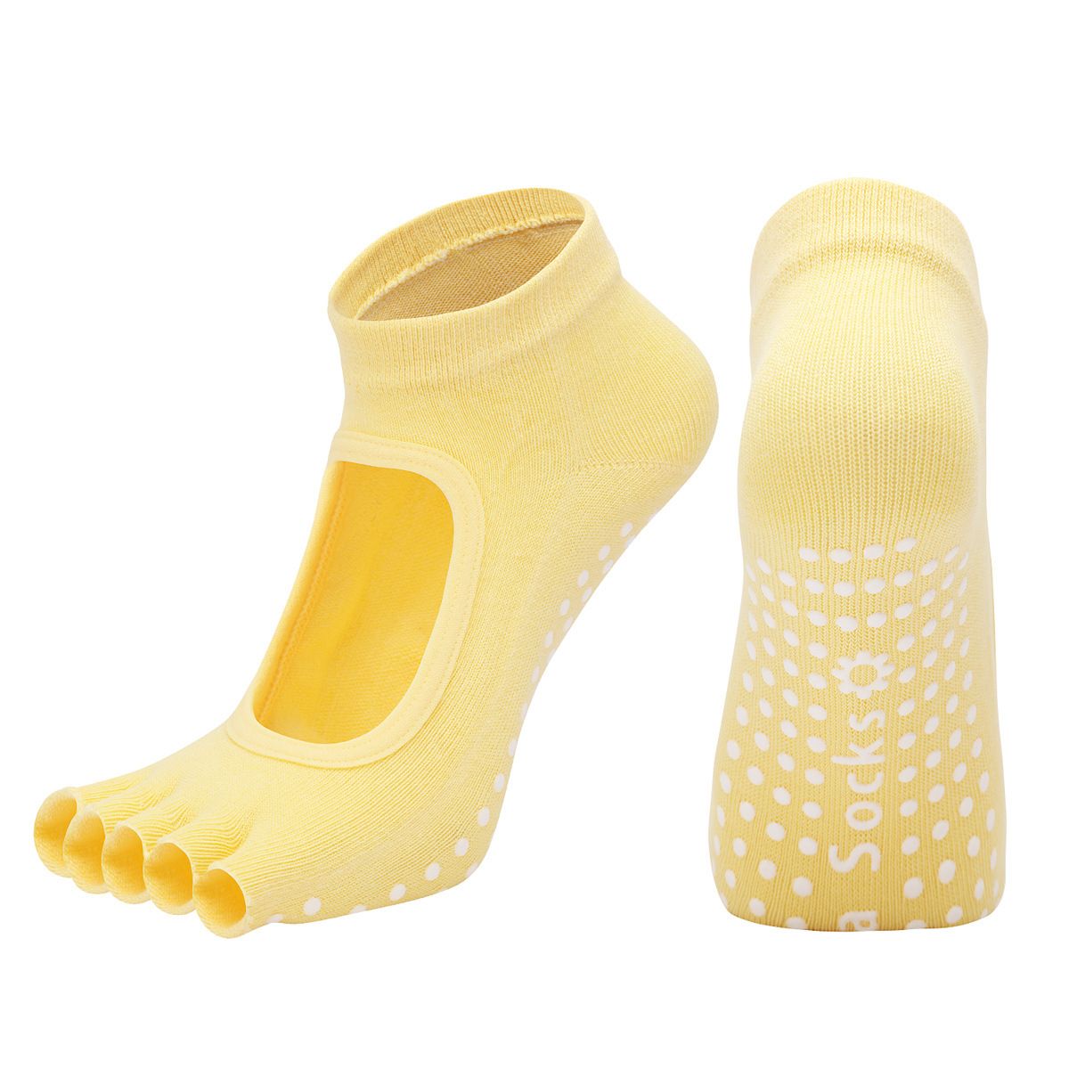 Women's Non Slip Yoga Socks Open Toe Five Finger Grip Socks Combed Cotton Pilates Dance Fitness Socks - Yellow