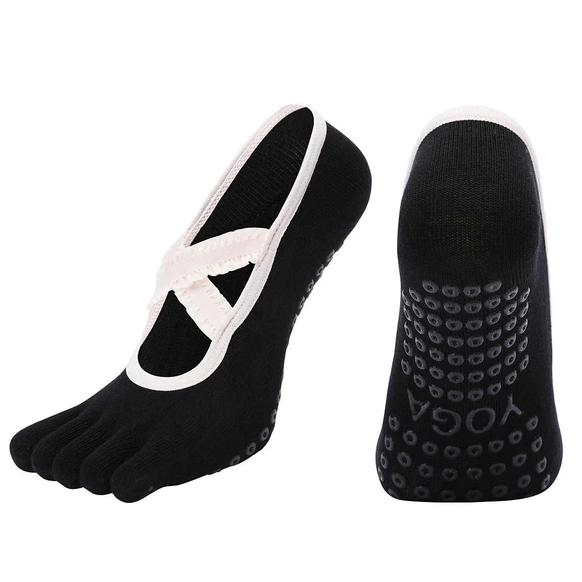 Women's Lace Trim Five Toe Yoga Socks Non Slip Grip Socks Pilates Dance Ballet Fitness Exercise Socks - Black