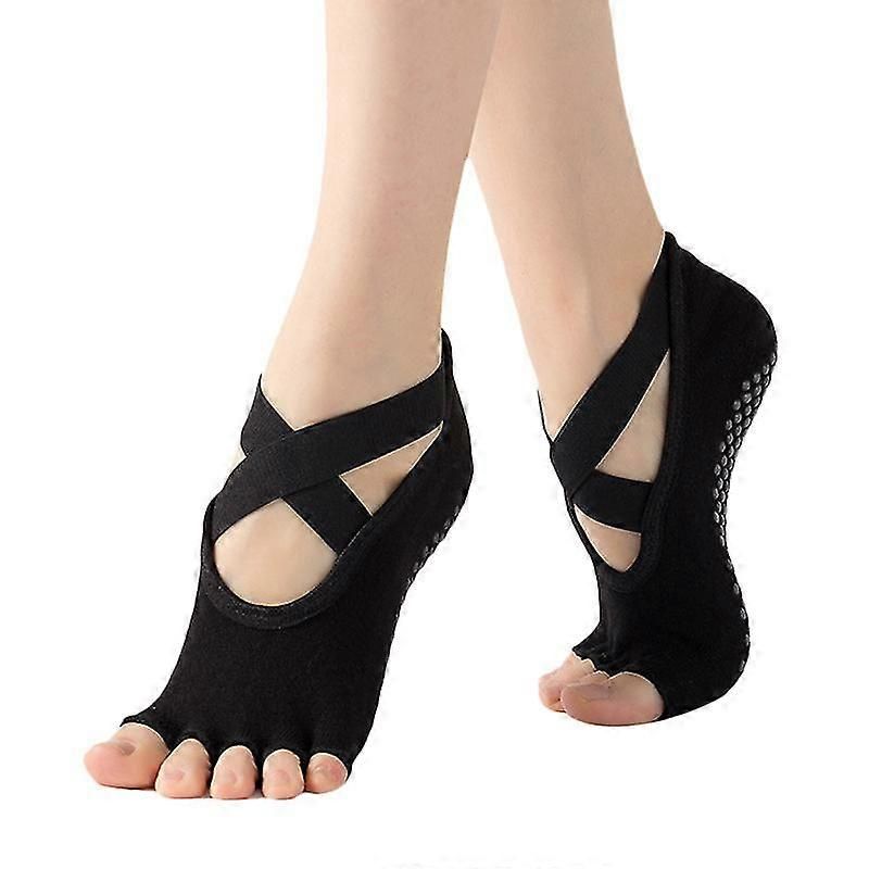 Women's Five Toe Yoga Socks Open Toe Non Slip Grip Socks Pilates Ballet Dance Fitness Exercise Socks Black