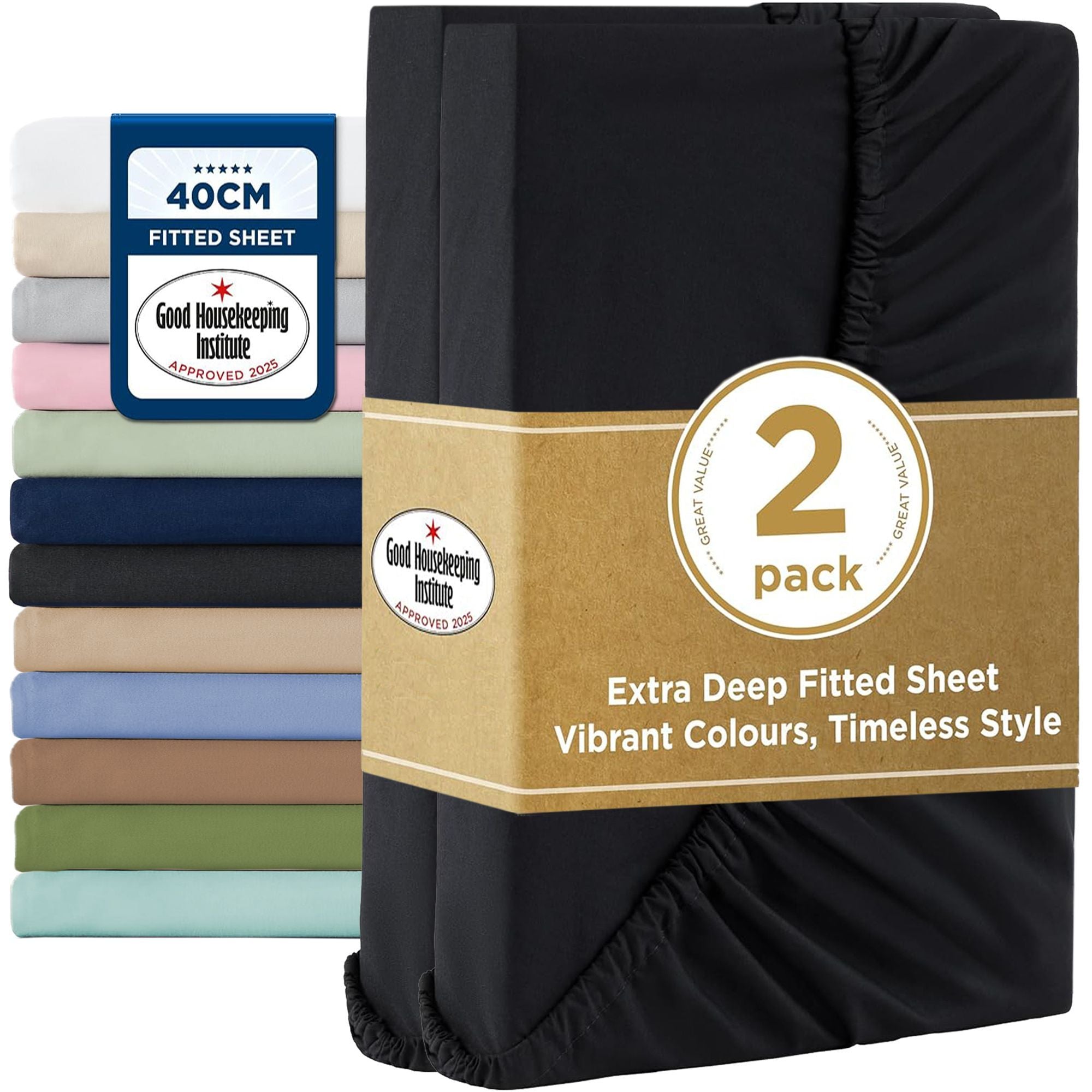 2000TC Hotel Quality Fitted Sheets - 2 Piece Fitted Sheets -Breathable Bedding - Wrinkle, Fade, Stain Resistant- 16inch/40cm Deep Pocket Fitted Bed Sheets-Wrinkle and Fade Resistant,(Black,Double)