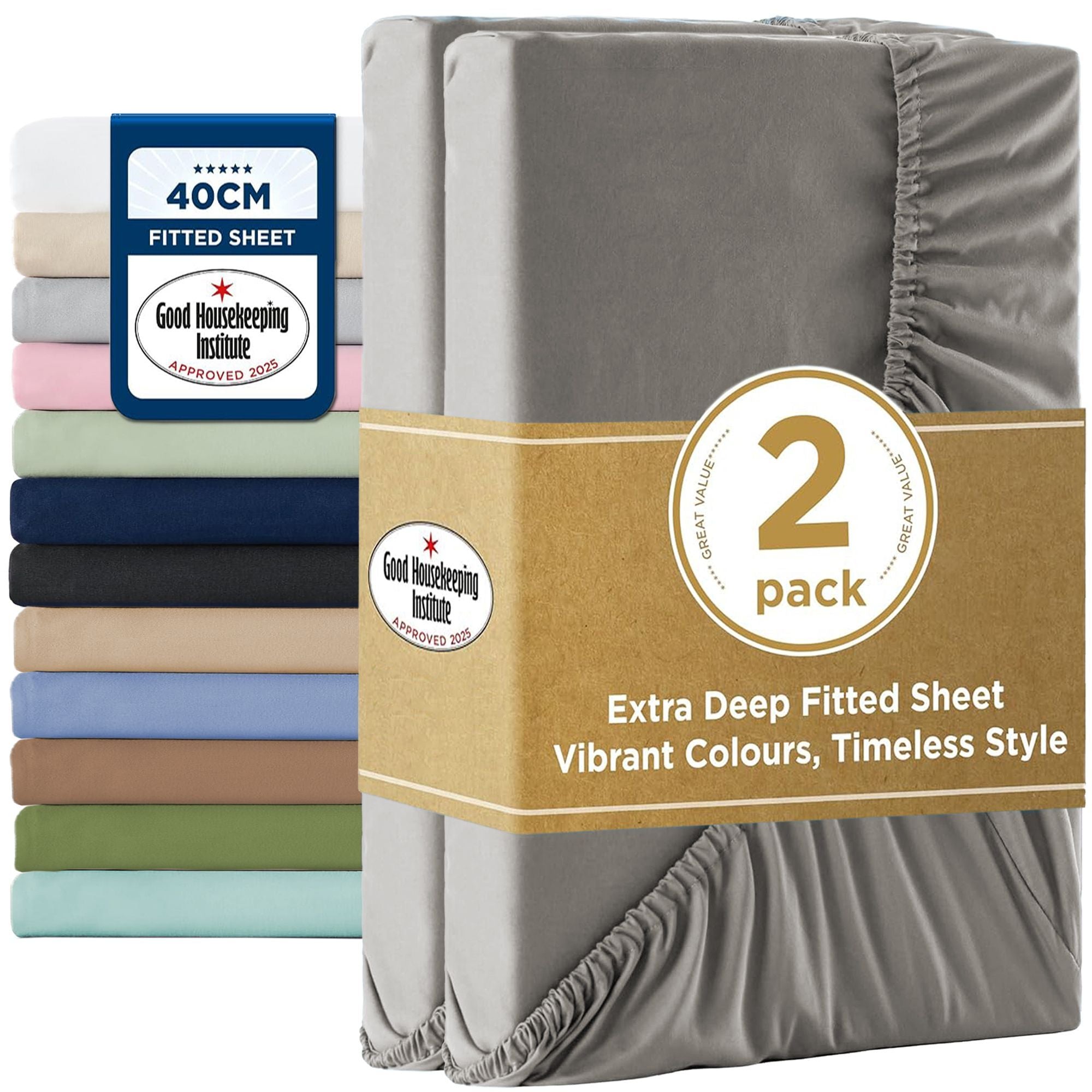 2000TC Hotel Quality Fitted Sheets - 2 Piece Fitted Sheets -Breathable Bedding - Wrinkle, Fade, Stain Resistant- 16inch/40cm Deep Pocket Fitted Bed Sheets-Wrinkle and Fade Resistant,(Grey,Queen)