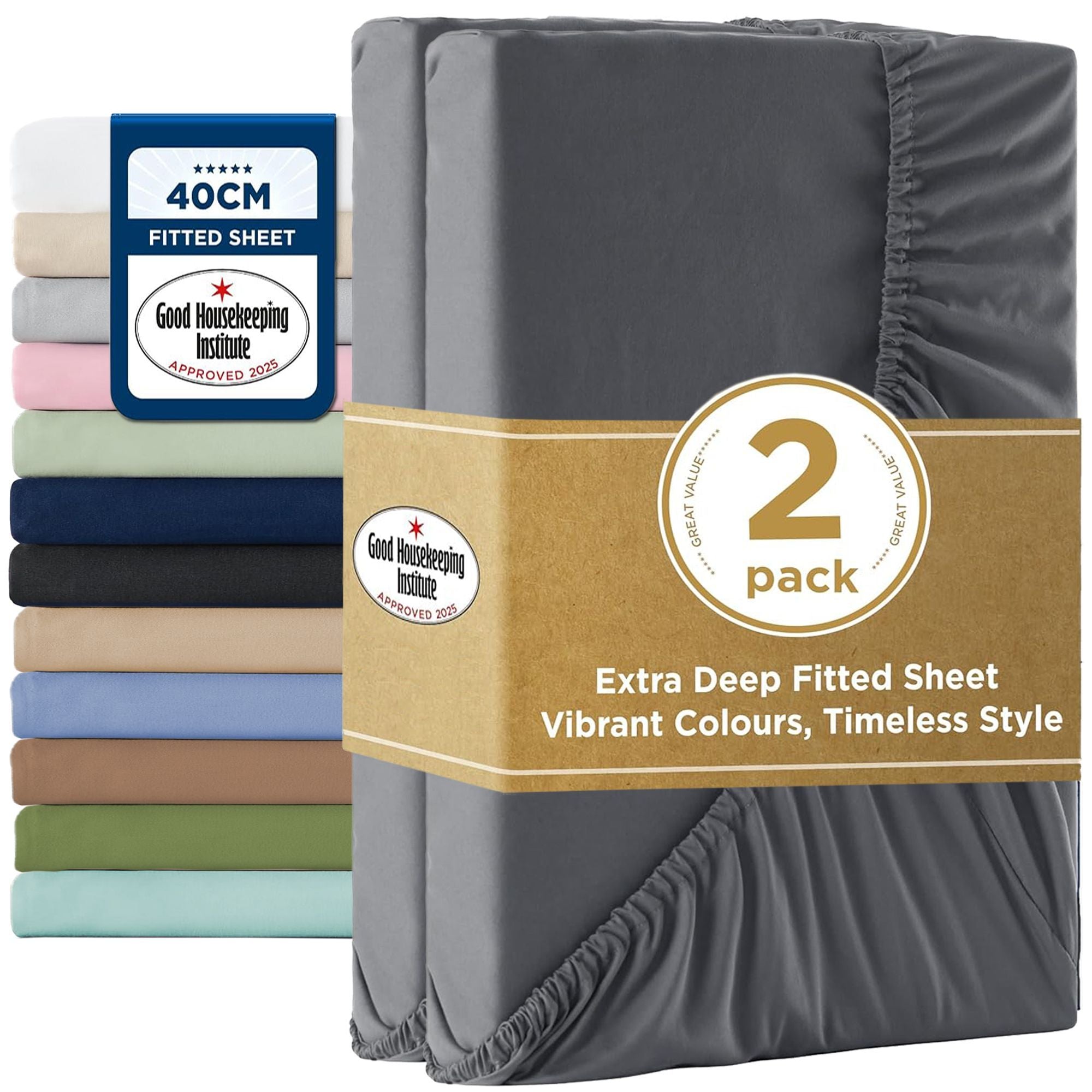 2000TC Hotel Quality Fitted Sheets - 2 Piece Fitted Sheets -Breathable Bedding - Wrinkle, Fade, Stain Resistant- 16inch/40cm Deep Pocket Fitted Bed Sheets-Wrinkle and Fade Resistant,(Dark gray,Single)