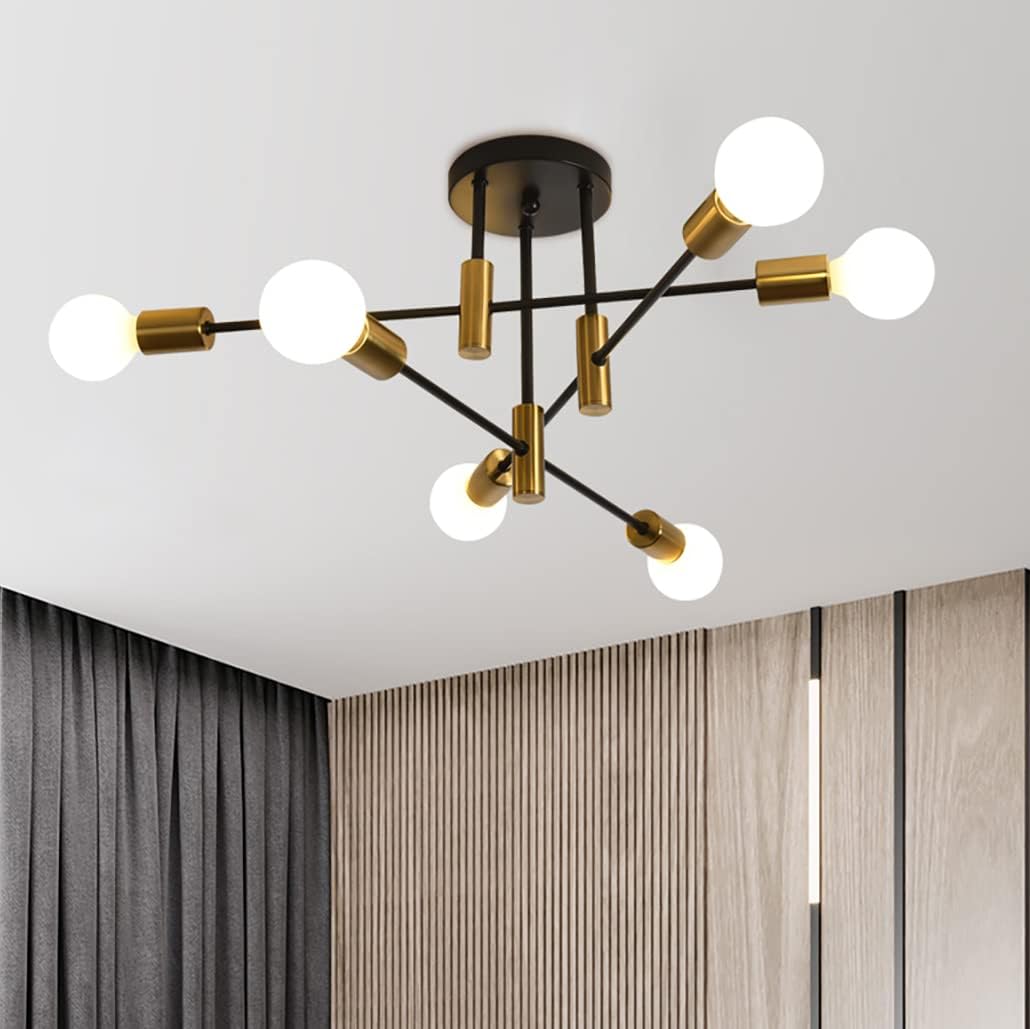 Mid Century Chandelier Modern, 6-Light, Black & Gold