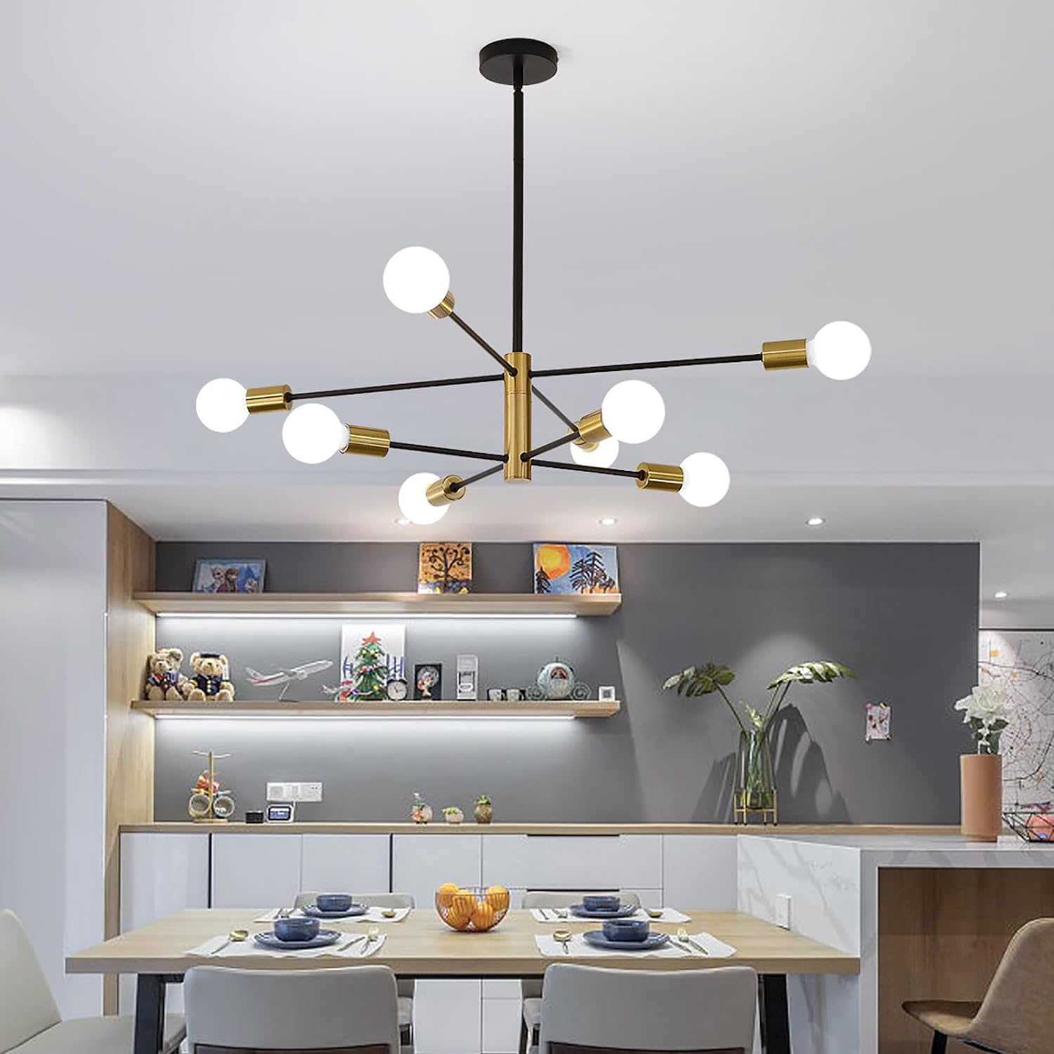 Sputnik Chandelier Modern Industrial, 8-Light, Black & Gold
