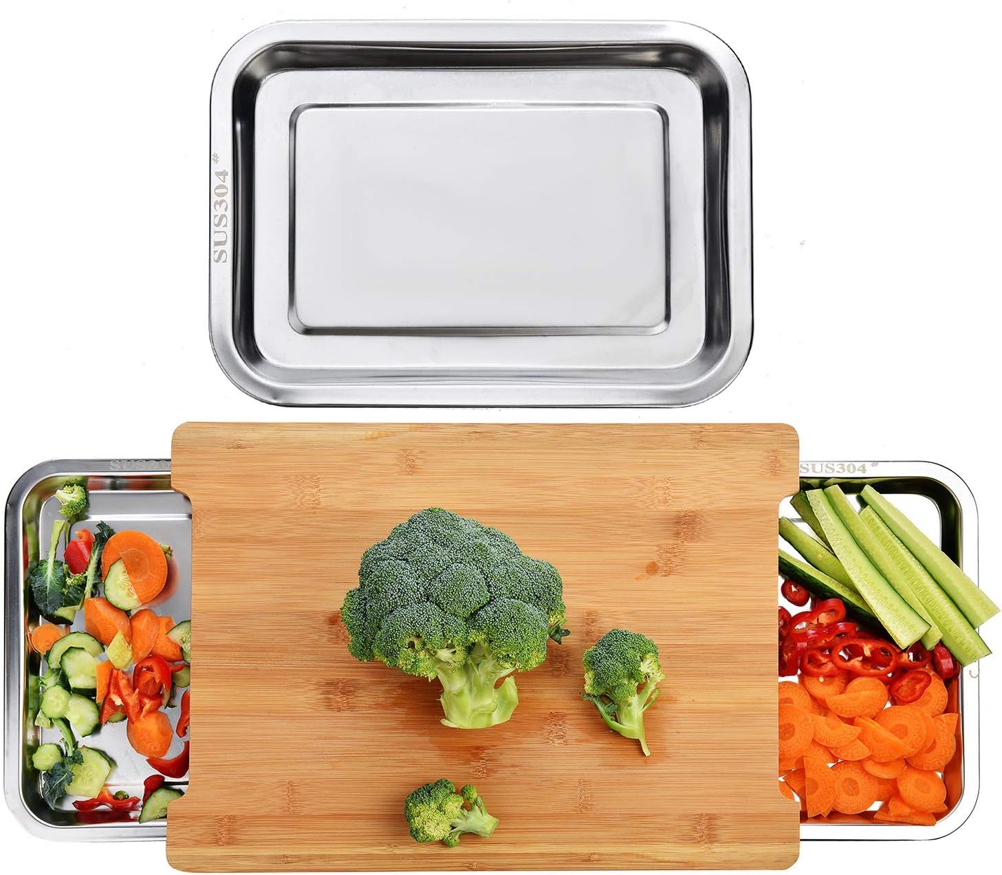Chopping Board with 2 Organiser Stainless Steel Trays Containers