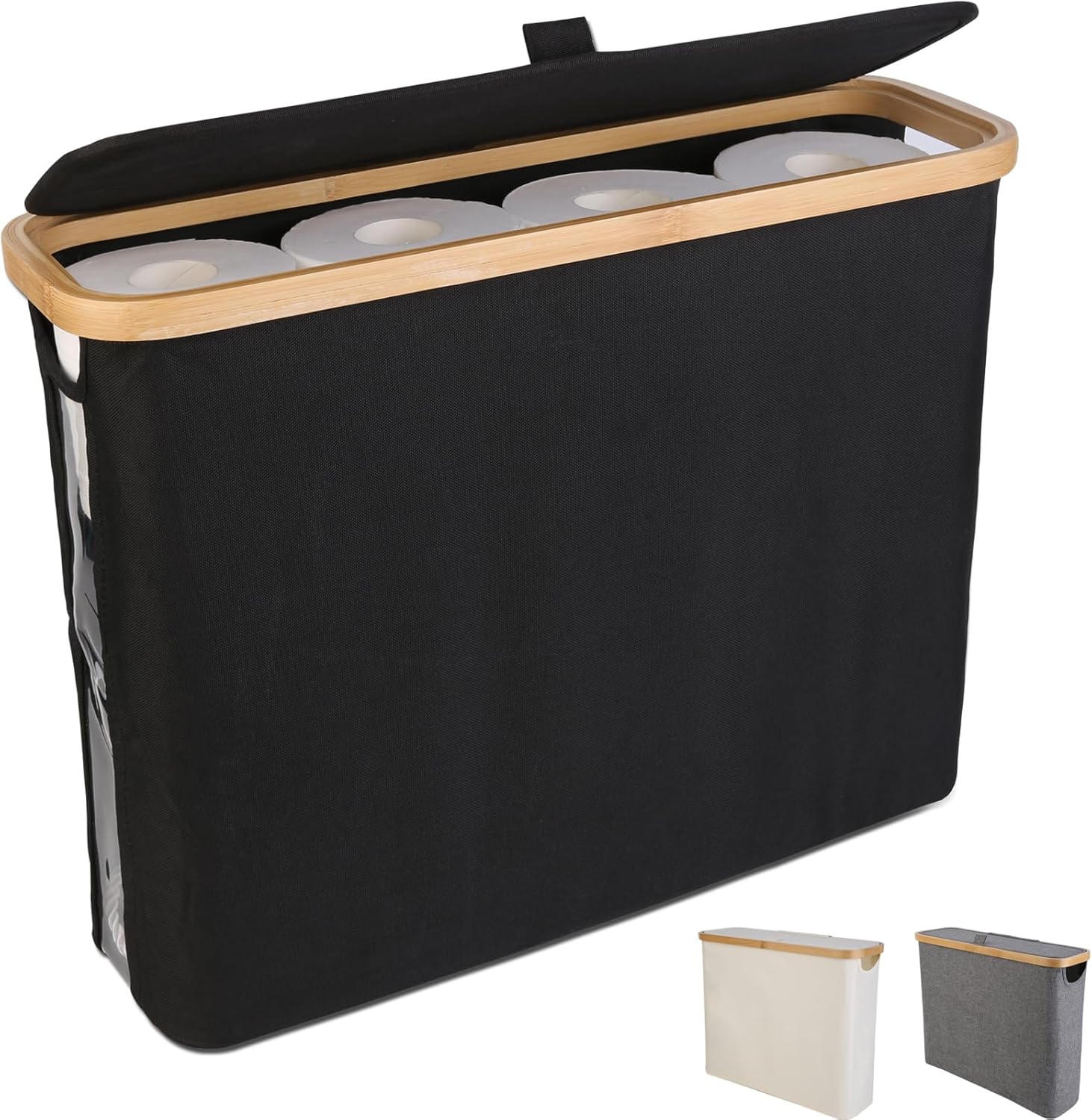 CARLA HOME Toilet Paper Storage Basket Holds Up to 12 Rolls with Bamboo Lid and Handle for RV Closet (Black)