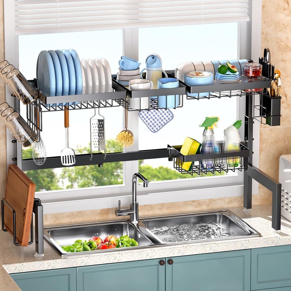 CARLA HOME Adjustable Over the Sink Dish Drying Rack with Utensil Holder, Hooks & Cutting Board Rack for Kitchen Counter Storage