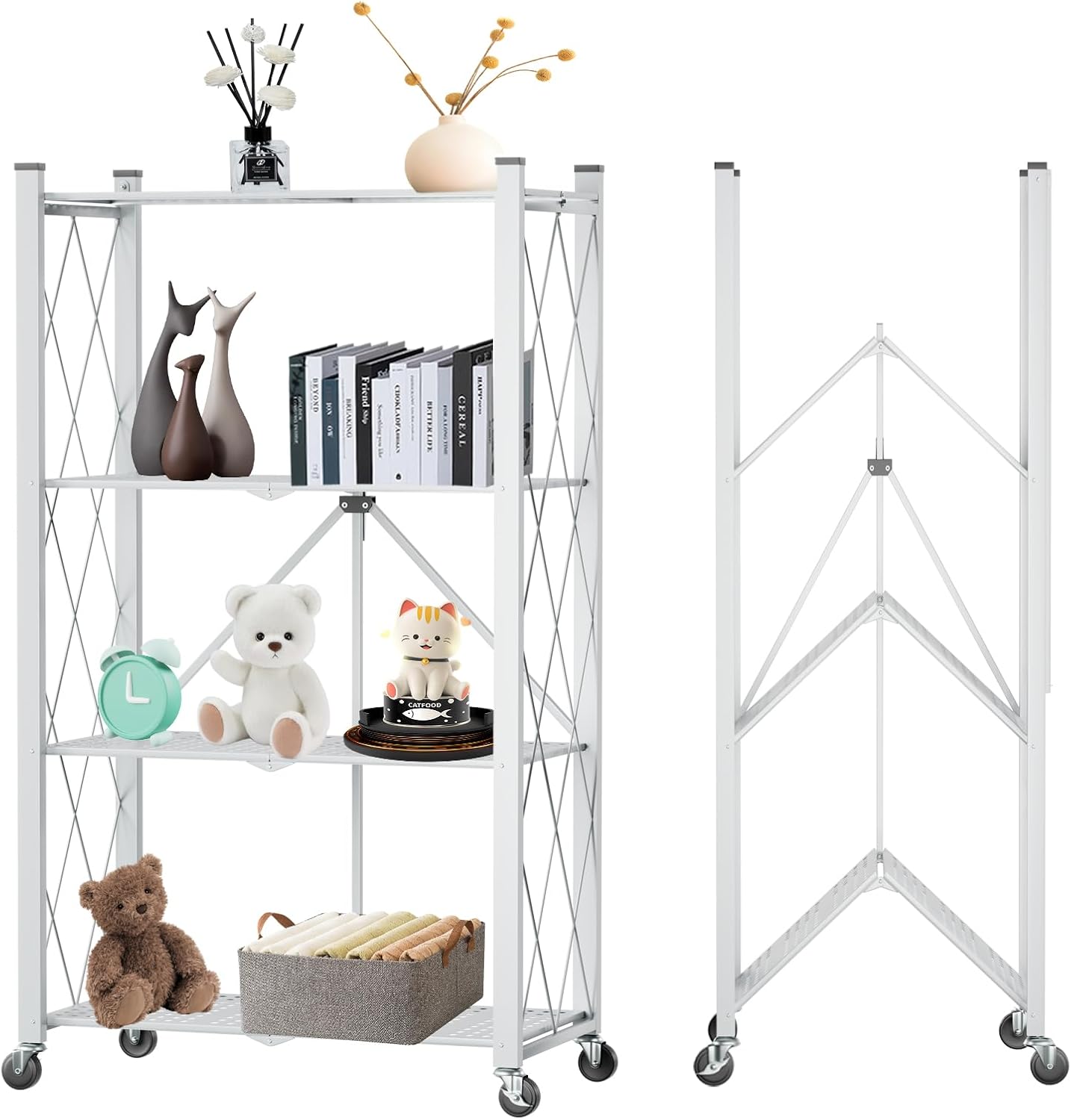 CARLA HOME 4-Tier Foldable Storage Shelf with Wheels for Kitchen, Garage, Pantry or Basement (White)