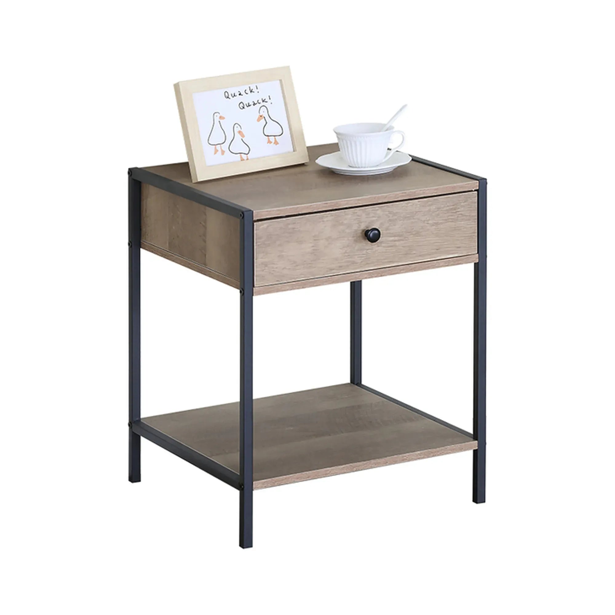 CARLA HOME Brown Bedside Table with Drawer - Steel Frame - Rustic - Nightstand - Side Table Small