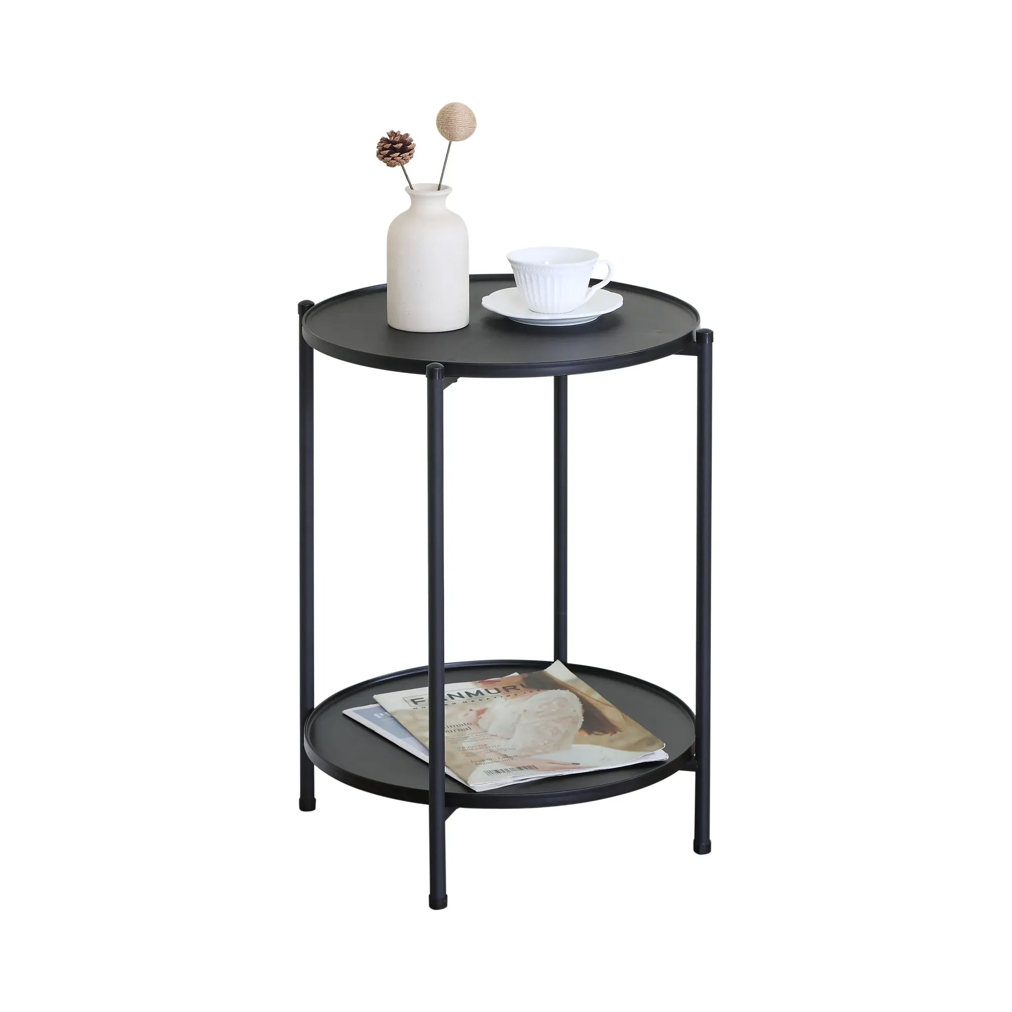 CARLA HOME 2 Tier Round Metal Side Table Black - 2 Shelf - Basic - 2 Layers Side Table