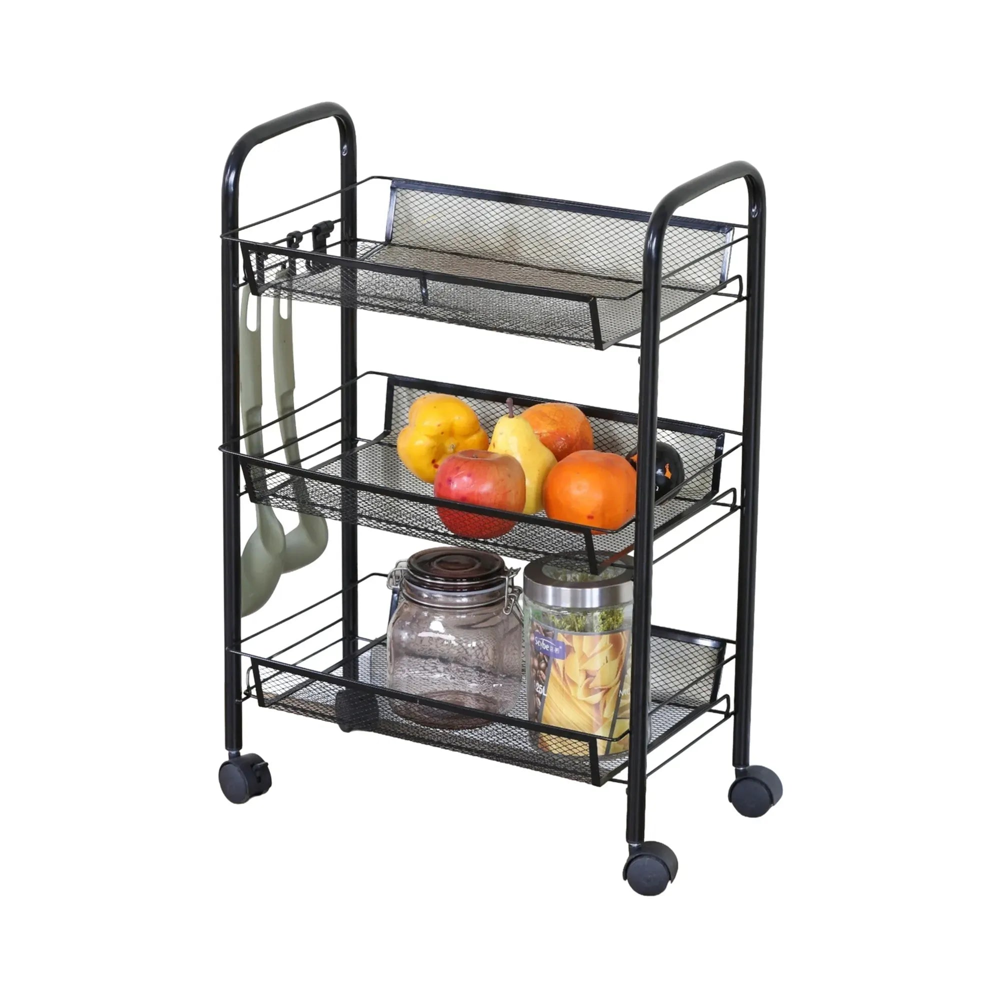CARLA HOME 3 Tier Rolling Kitchen Trolley Cart - Metal Mesh - Black - Basic - Steel