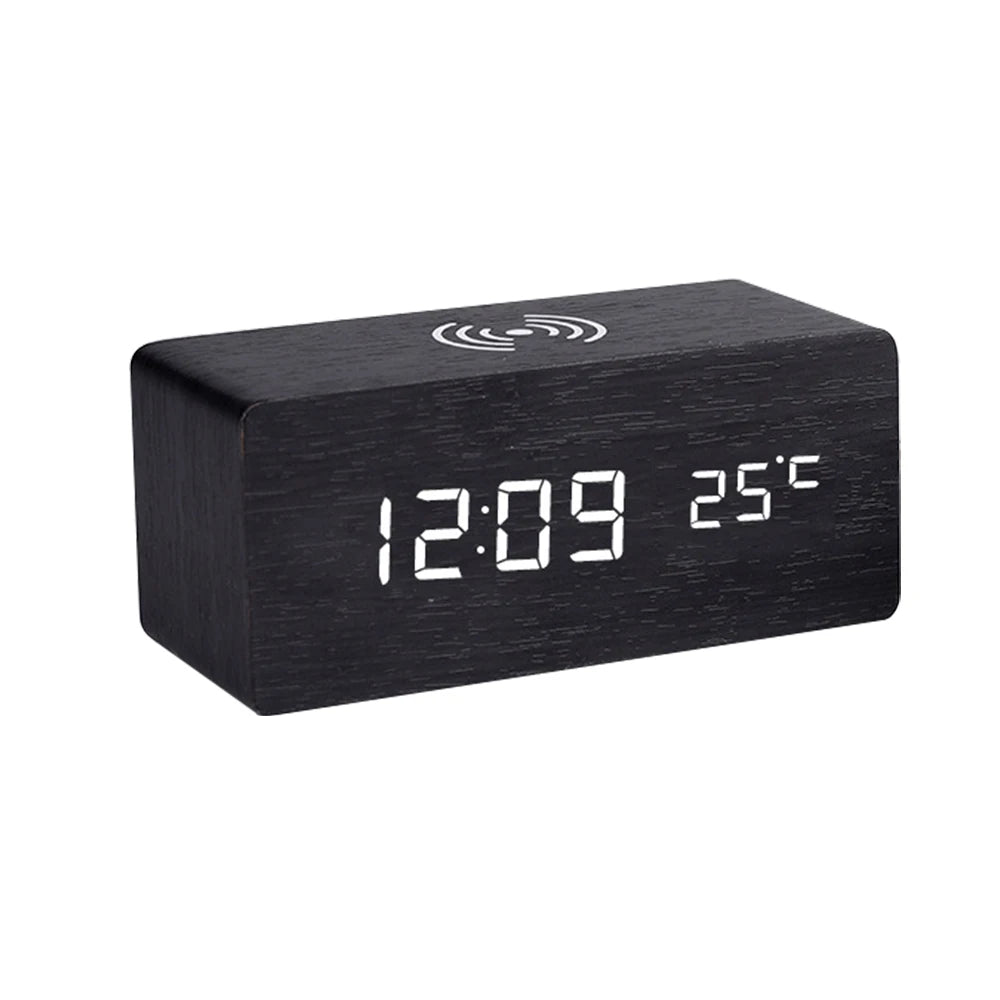 Modern Wooden LED Desk Clock with Qi Charger