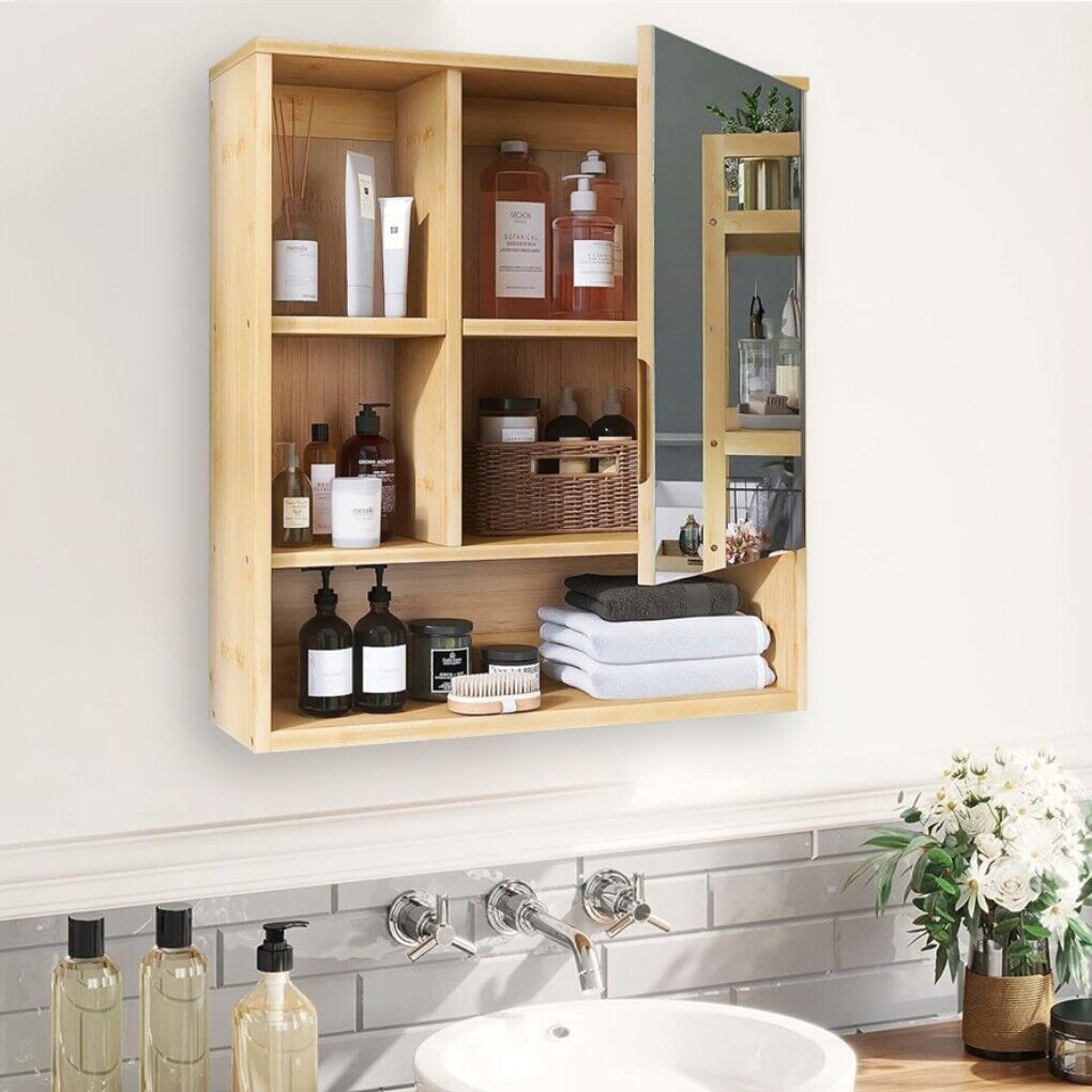 Bamboo Wall Medicine Cabinet Mirror 55.5cm 5 Shelf