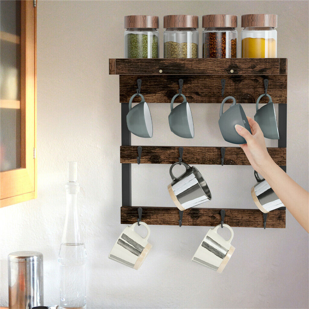 Wooden Wall Mounted Coffee Mug Rack 12 Hooks Cup Holder