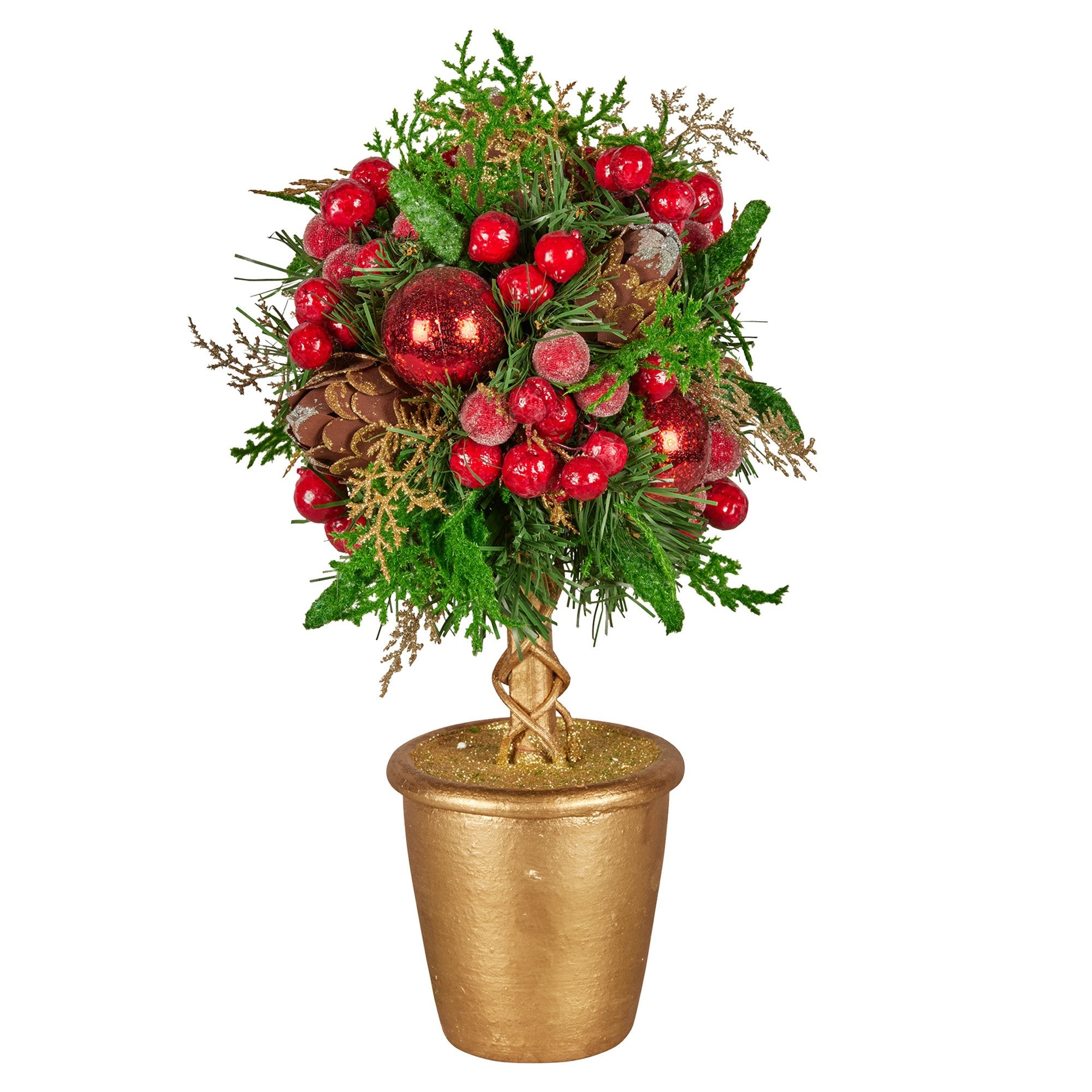 Christabelle 36cm Christmas Tabletop Topiary Tree Pre-Decorated Berries, Baubles & Pine Cones Gold Pot Twisted Stem Festive Decoration