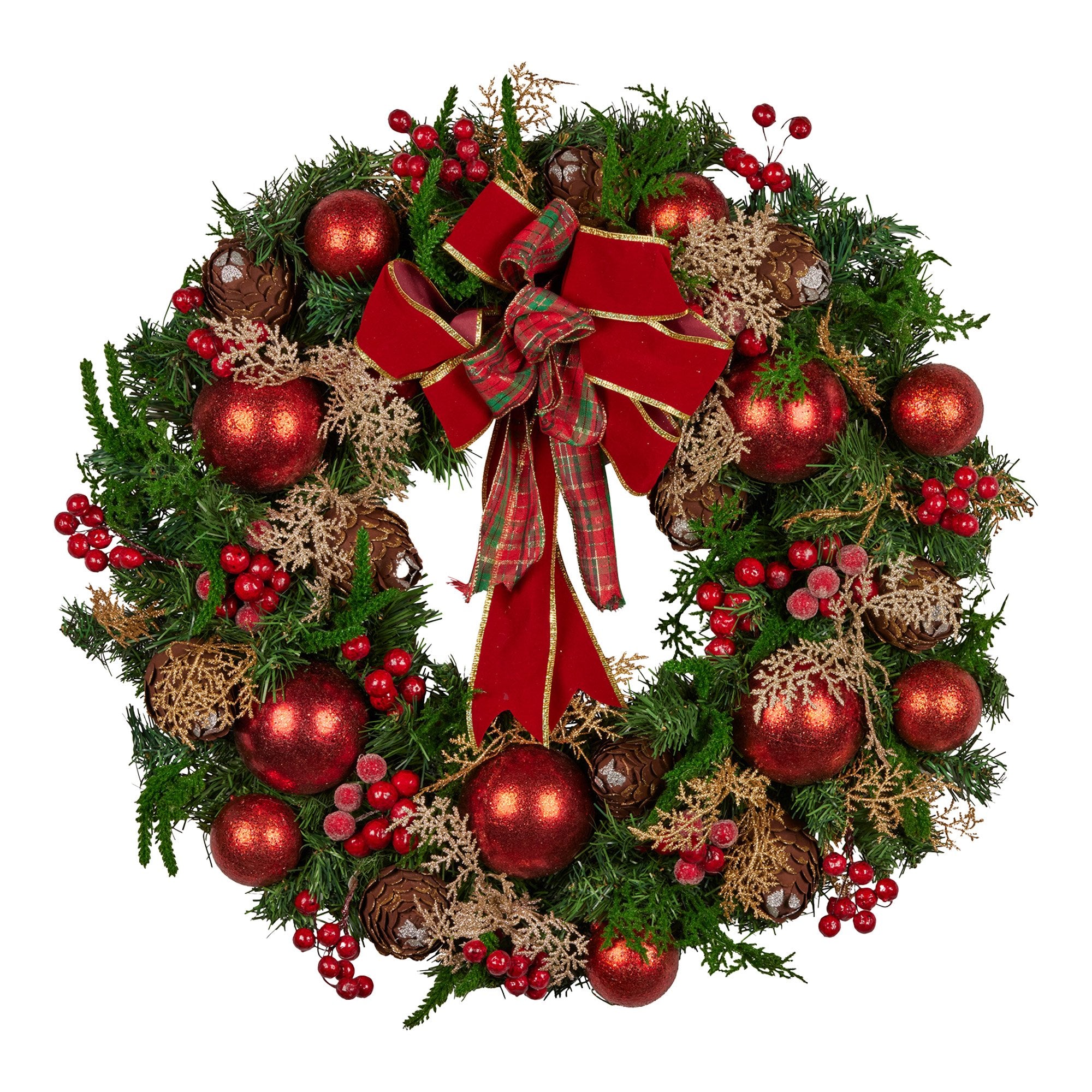 Christabelle 56cm Christmas Wreath Lush Green Holiday Door Wreath with Red Berries, Baubles & Pine Cones Pre-Decorated Festive Wall or Front Door Decoration