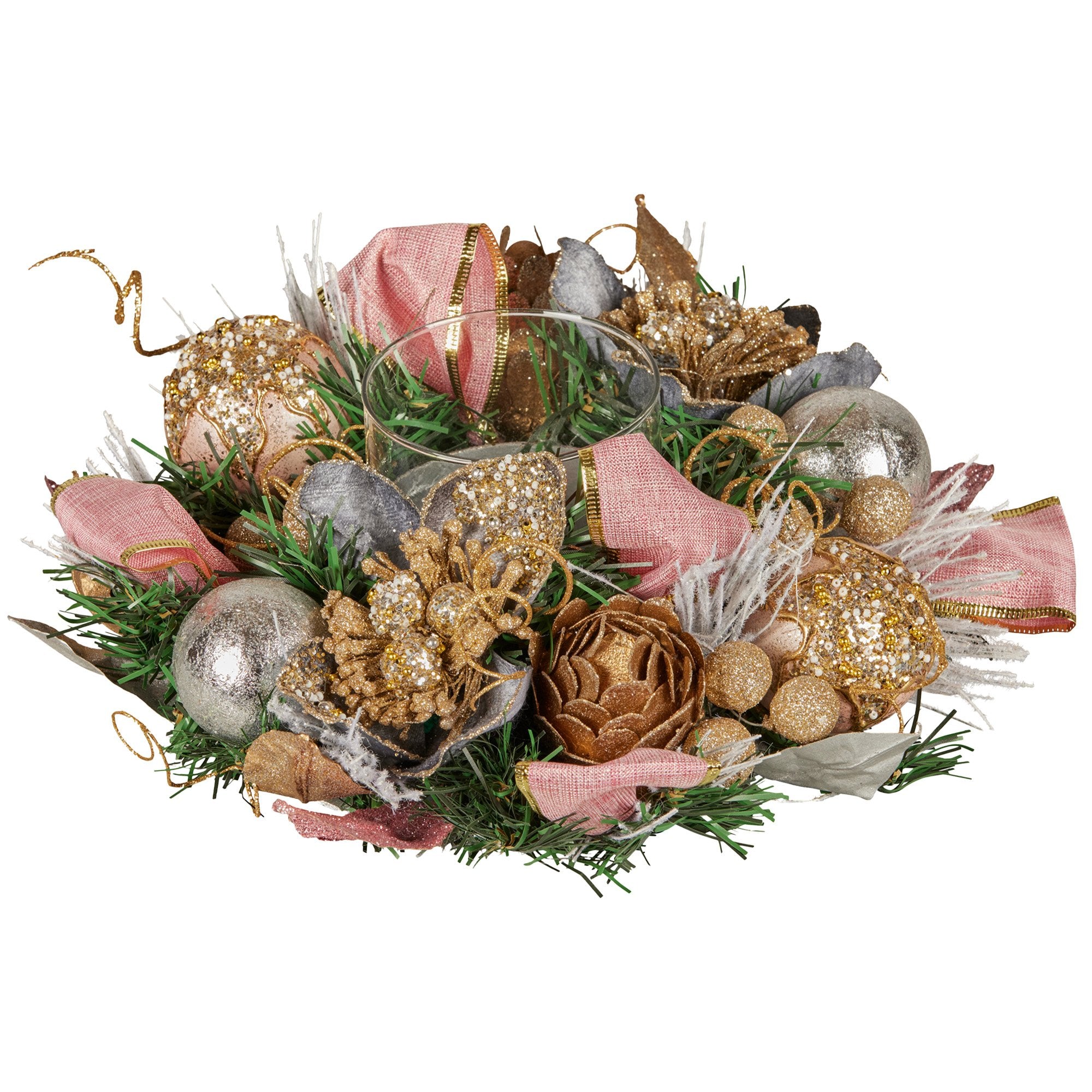 Christabelle 26cm Christmas Centrepiece Lush Green Holiday w/Jewelled Baubles, Foliage, Flowers, Pine Cones, Ribbon
