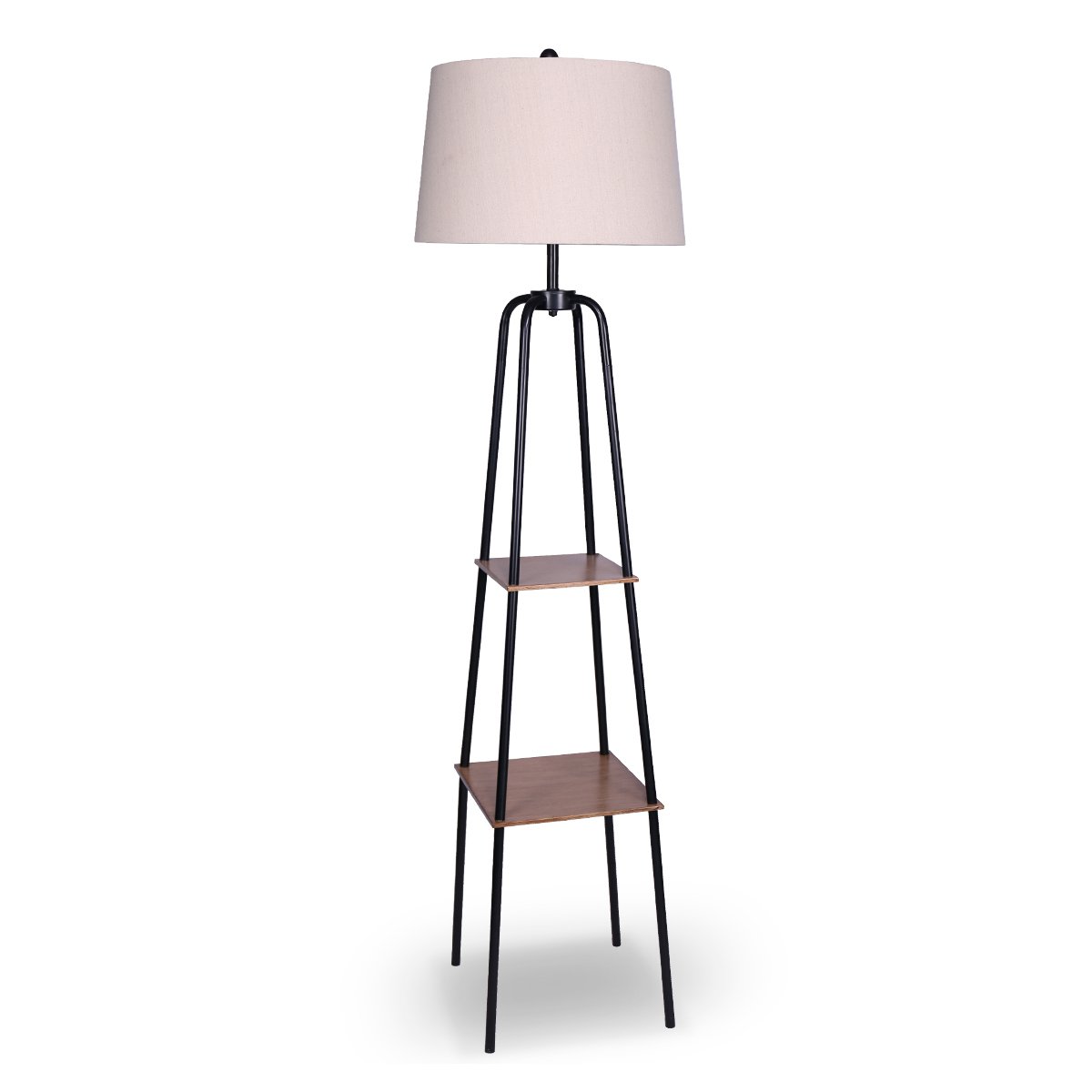Sarantino Industrial Etagere Shelf Floor Lamp with 2 Wood Finish Metal Shelves Cream Linen Shade Standing Light