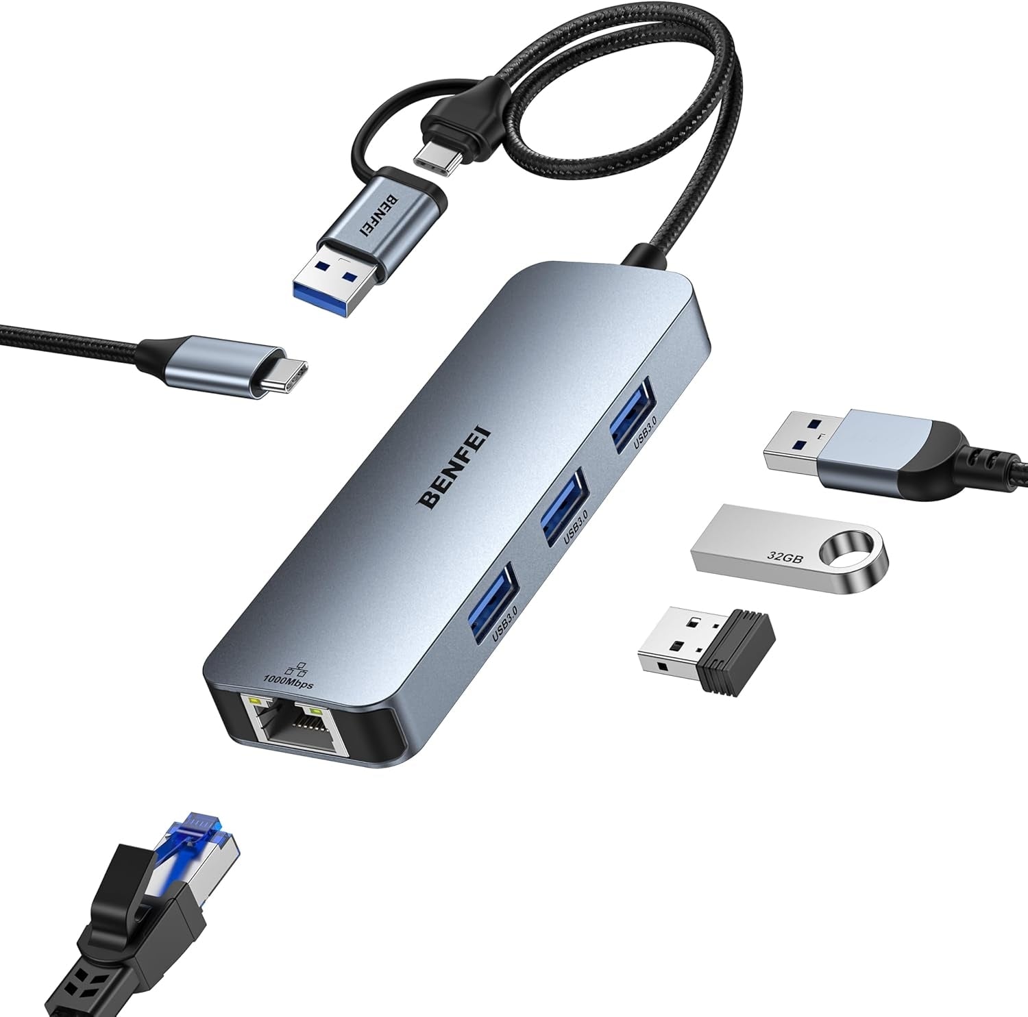 BENFEI 000386GY USB-C + USB 3.0 to Gigabit RJ45 + 3 Port USB 3.0 Hub Compatible with Mac