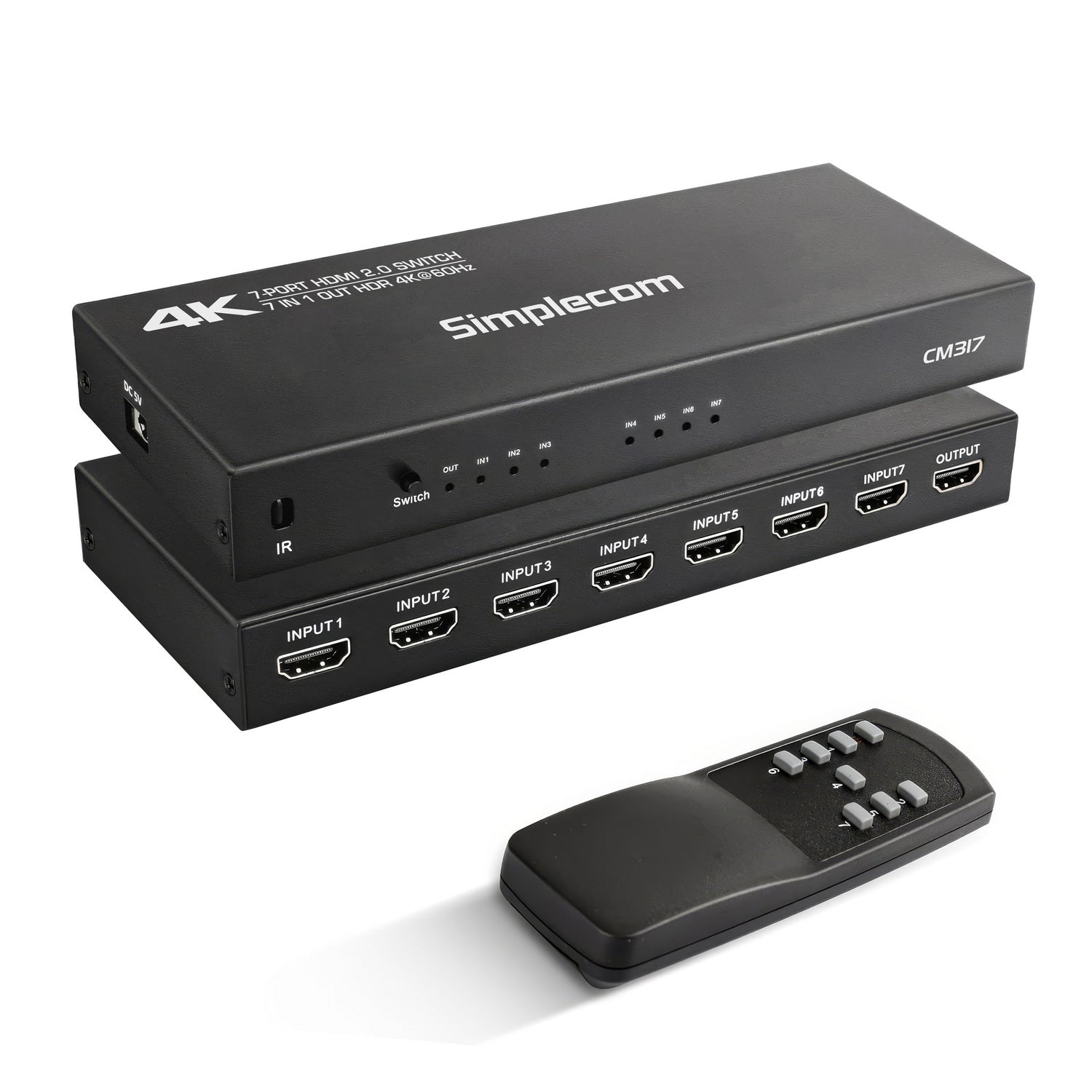 Simplecom CM317 7-Port HDMI 2.0 Switch with Remote 7 IN 1 OUT Splitter HDCP 2.2 4K@60Hz