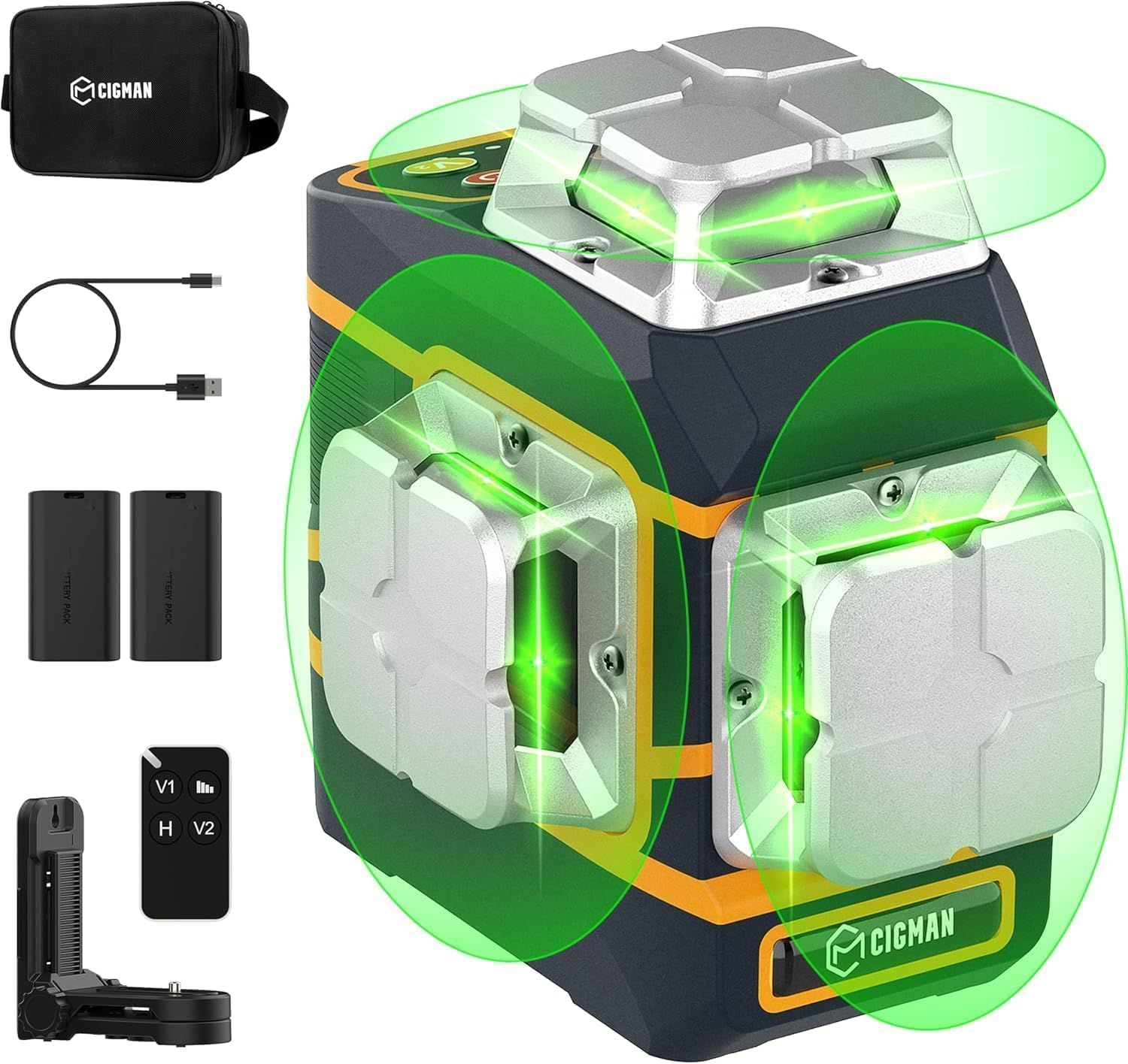 CIGMAN Laser Level CM-801 Laser Level Self Leveling 3x360°3D Green Cross Line for Decoration and Picture Hanging with Two Rechargeable Batteries, Remote Controller and Magnetic L-Shaped Bracket