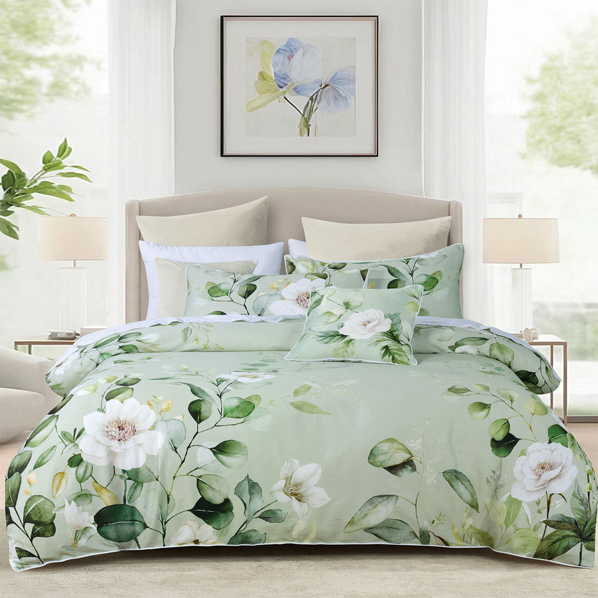 Bianca Salisbury Sage Floral Cotton Sateen Quilt Cover Set Queen