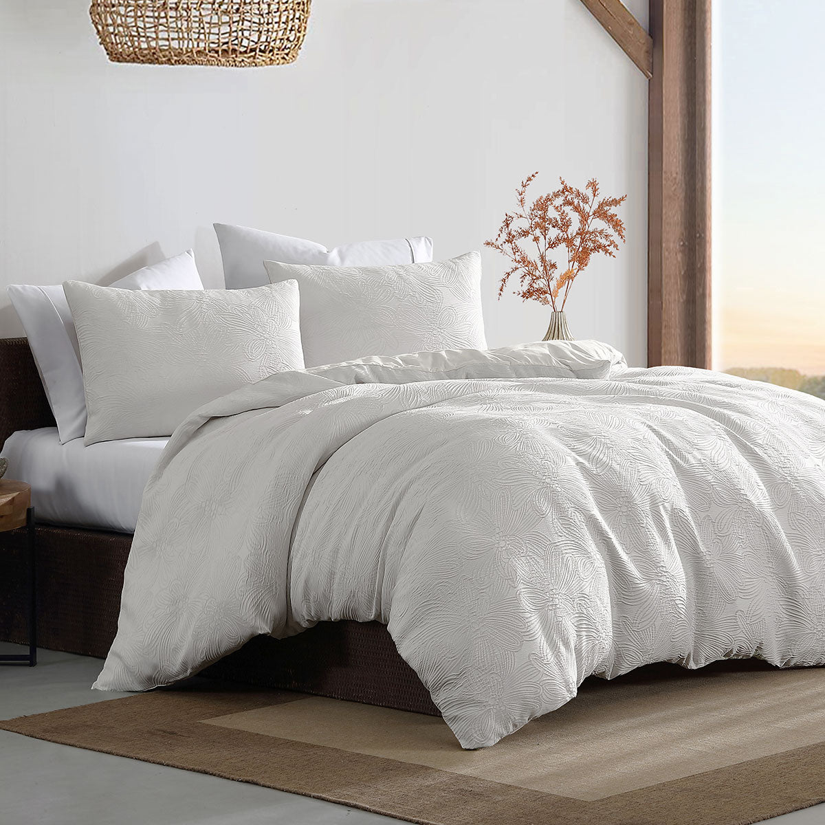 Ardor Avena White Textured Floral Jacquard Quilt Cover Set King