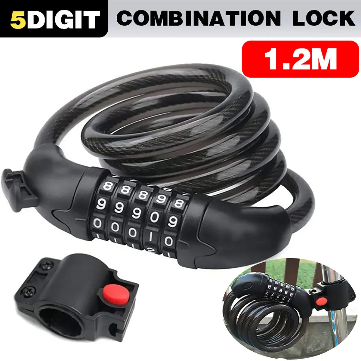 5 Digit Combination Bike Cable Lock 1.2m x 12mm with Mount Bracket