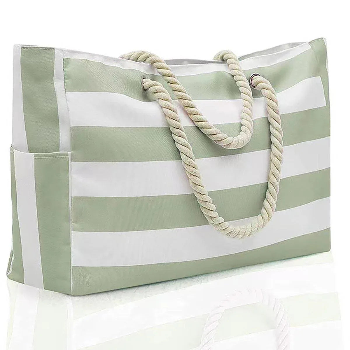 Large Bohemian Striped Canvas Beach Bag Zipper Tote for Travel Outdoor Vacation - Matcha